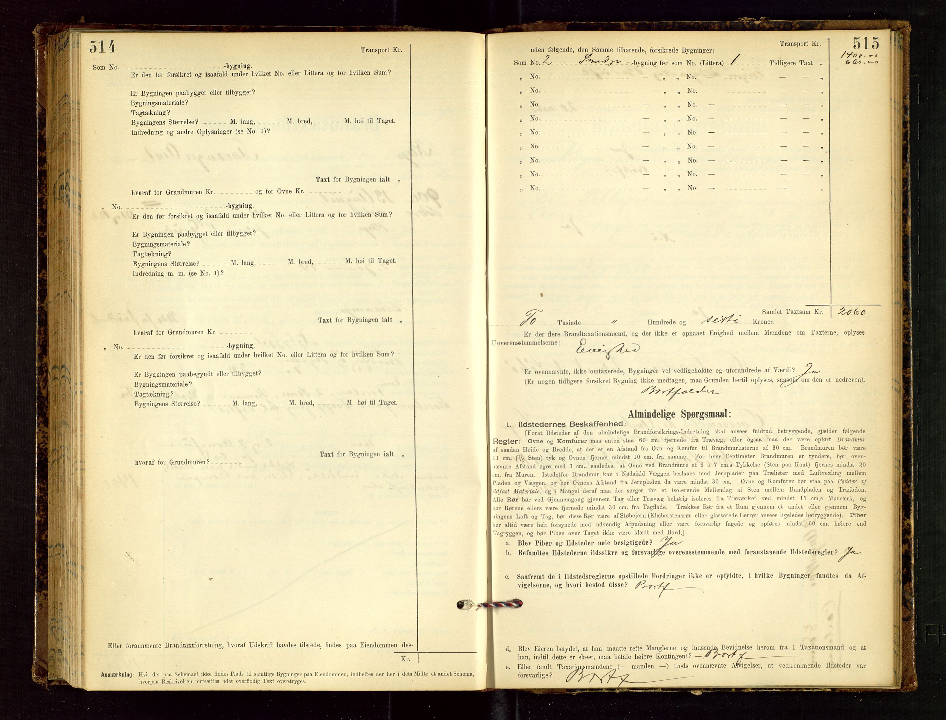 Klepp lensmannskontor, AV/SAST-A-100163/Goc/L0002: "Brandtaxationsprotokol" m/register, 1898-1902, p. 514-515