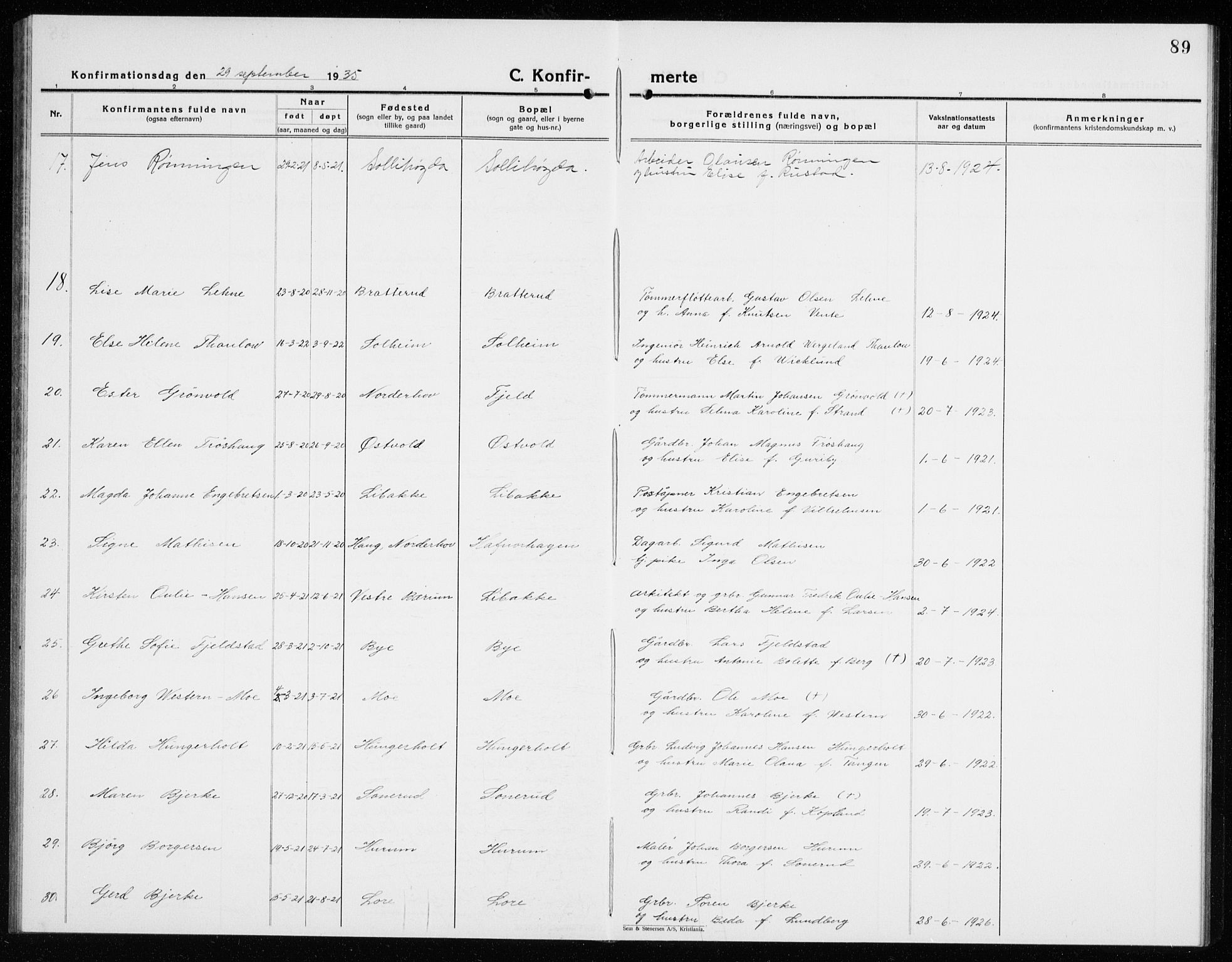 Hole kirkebøker, SAKO/A-228/G/Ga/L0005: Parish register (copy) no. I 5, 1924-1938, p. 89