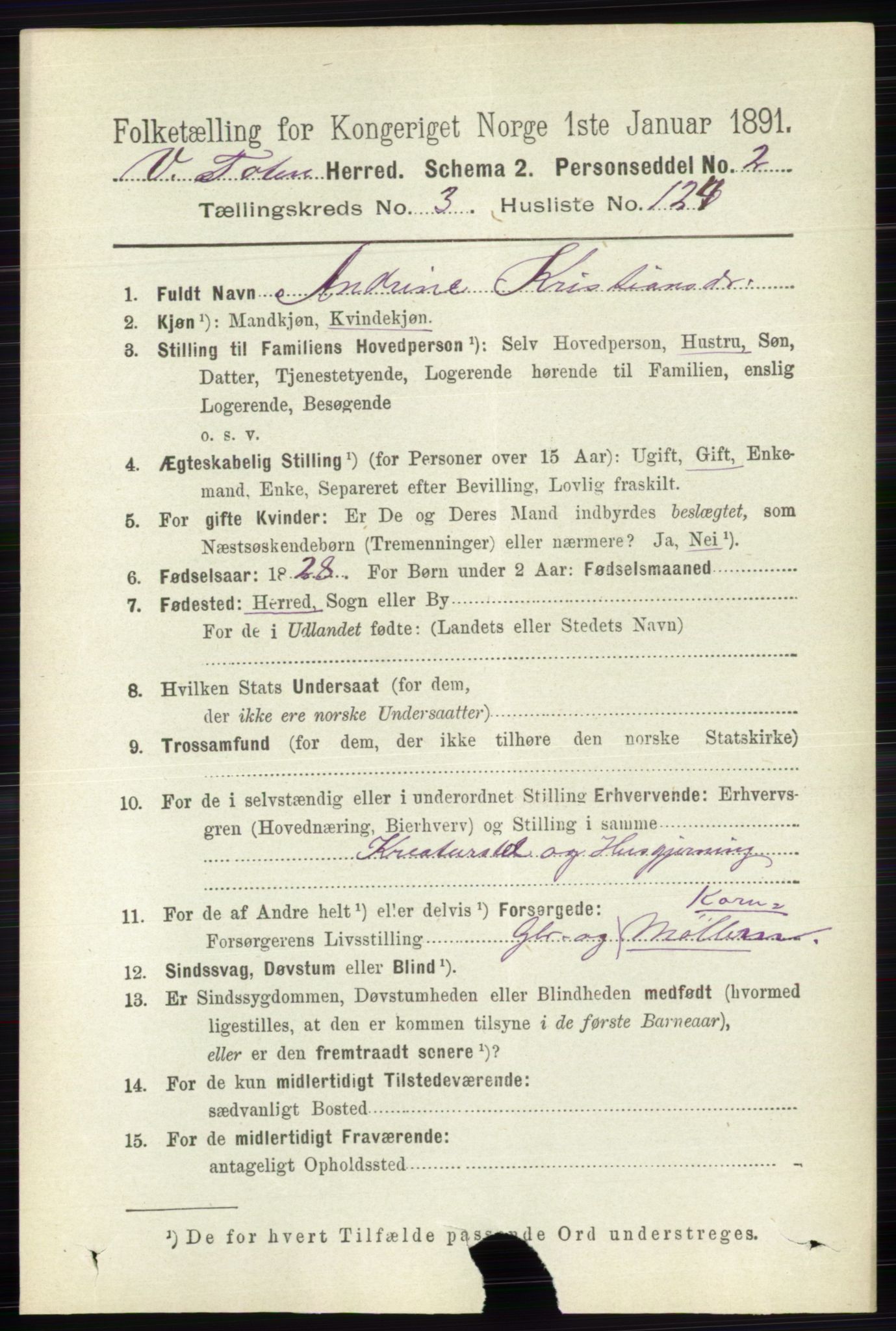 RA, 1891 census for 0529 Vestre Toten, 1891, p. 2627