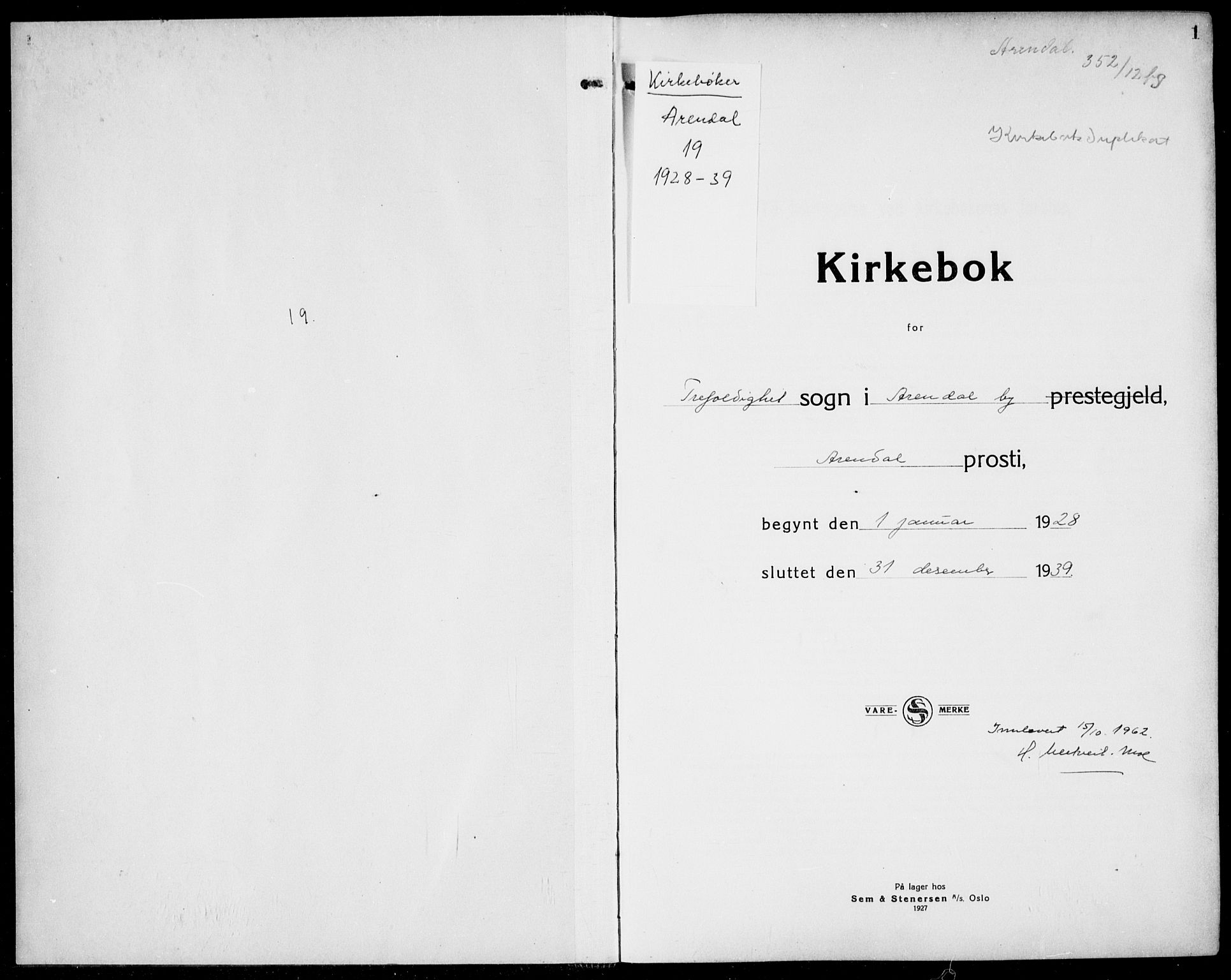 Arendal sokneprestkontor, Trefoldighet, AV/SAK-1111-0040/F/Fb/L0008: Parish register (copy) no. B 8, 1928-1939, p. 1