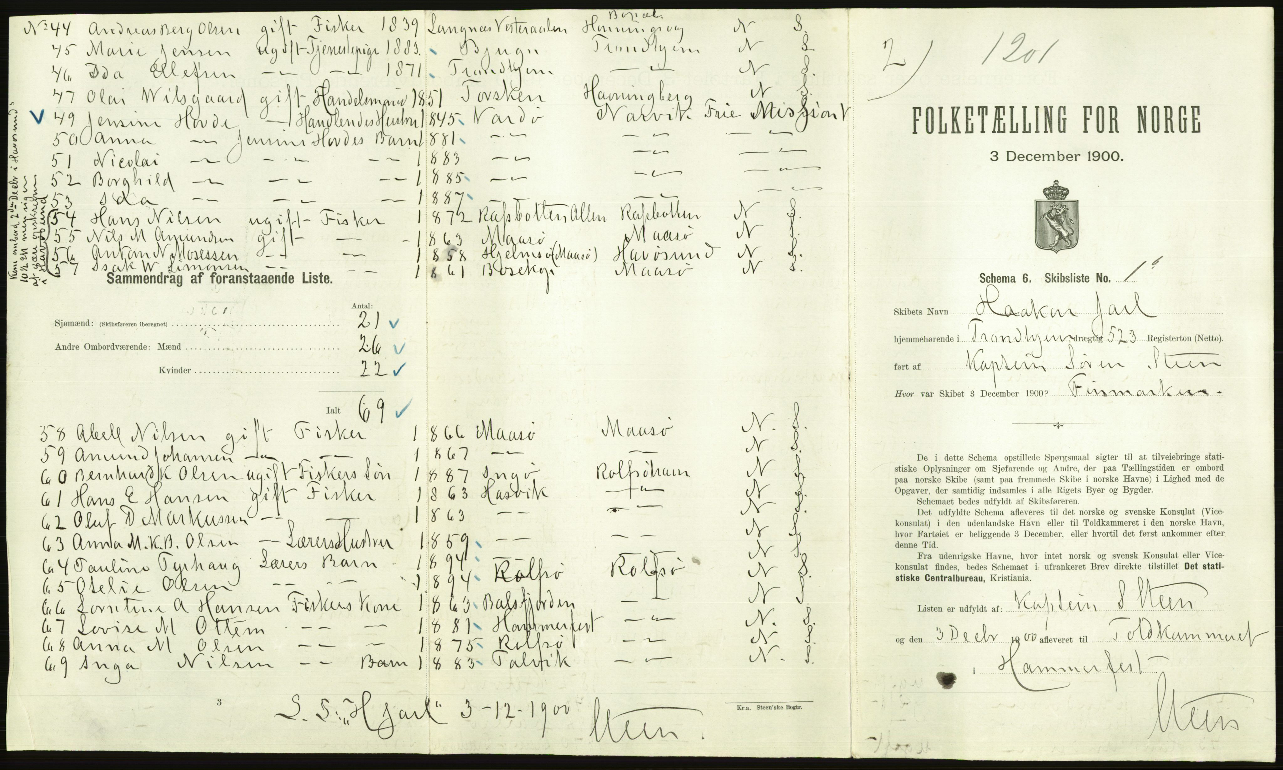 RA, 1900 Census - ship lists from ships in Norwegian harbours, harbours abroad and at sea, 1900, p. 2755