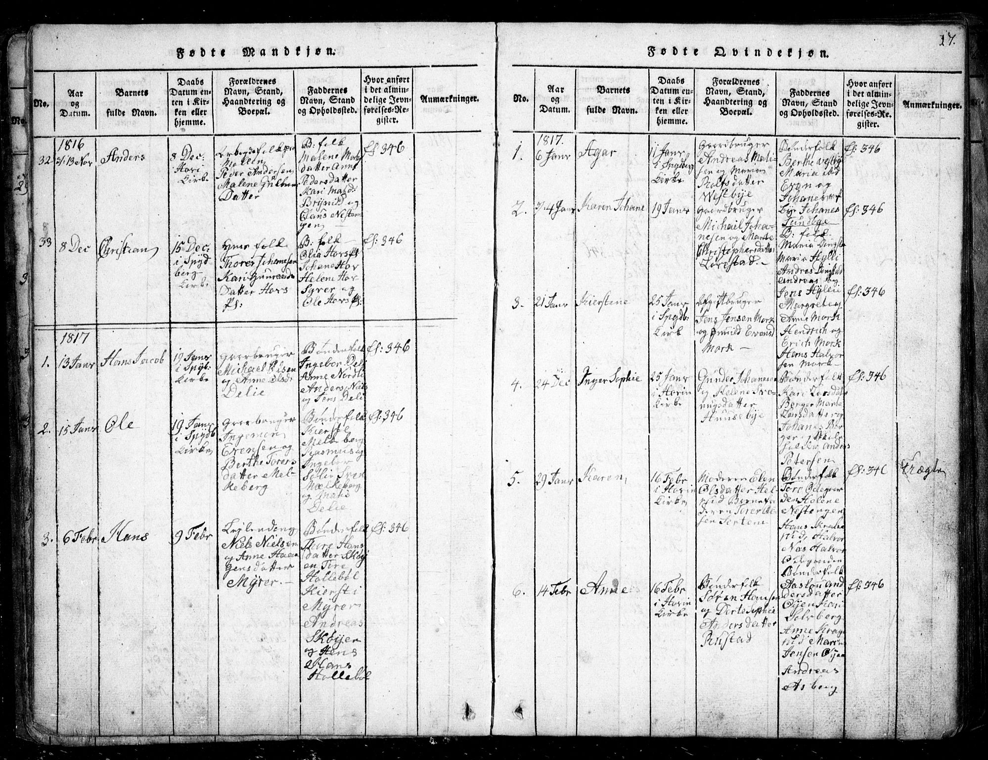 Spydeberg prestekontor Kirkebøker, AV/SAO-A-10924/G/Ga/L0001: Parish register (copy) no. I 1, 1814-1868, p. 17