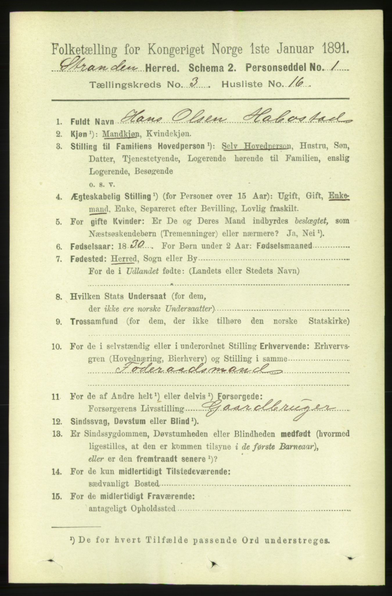 RA, 1891 census for 1525 Stranda, 1891, p. 601
