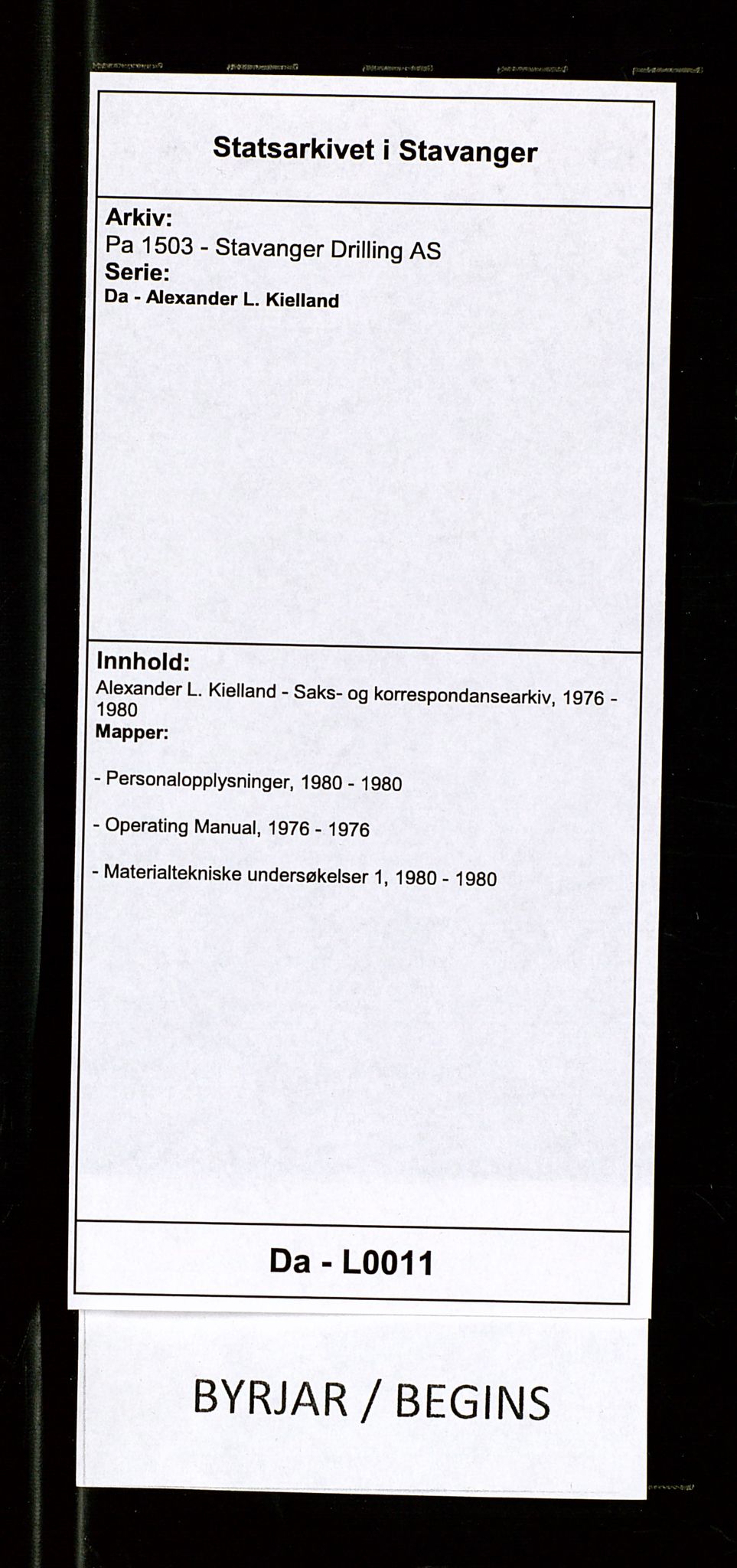 Pa 1503 - Stavanger Drilling AS, AV/SAST-A-101906/Da/L0011: Alexander L. Kielland - Saks- og korrespondansearkiv, 1976-1980, p. 1