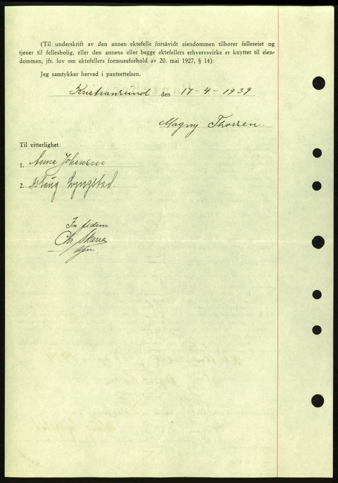 Kristiansund byfogd, SAT/A-4587/A/27: Mortgage book no. 31, 1938-1939, Diary no: : 309/1939
