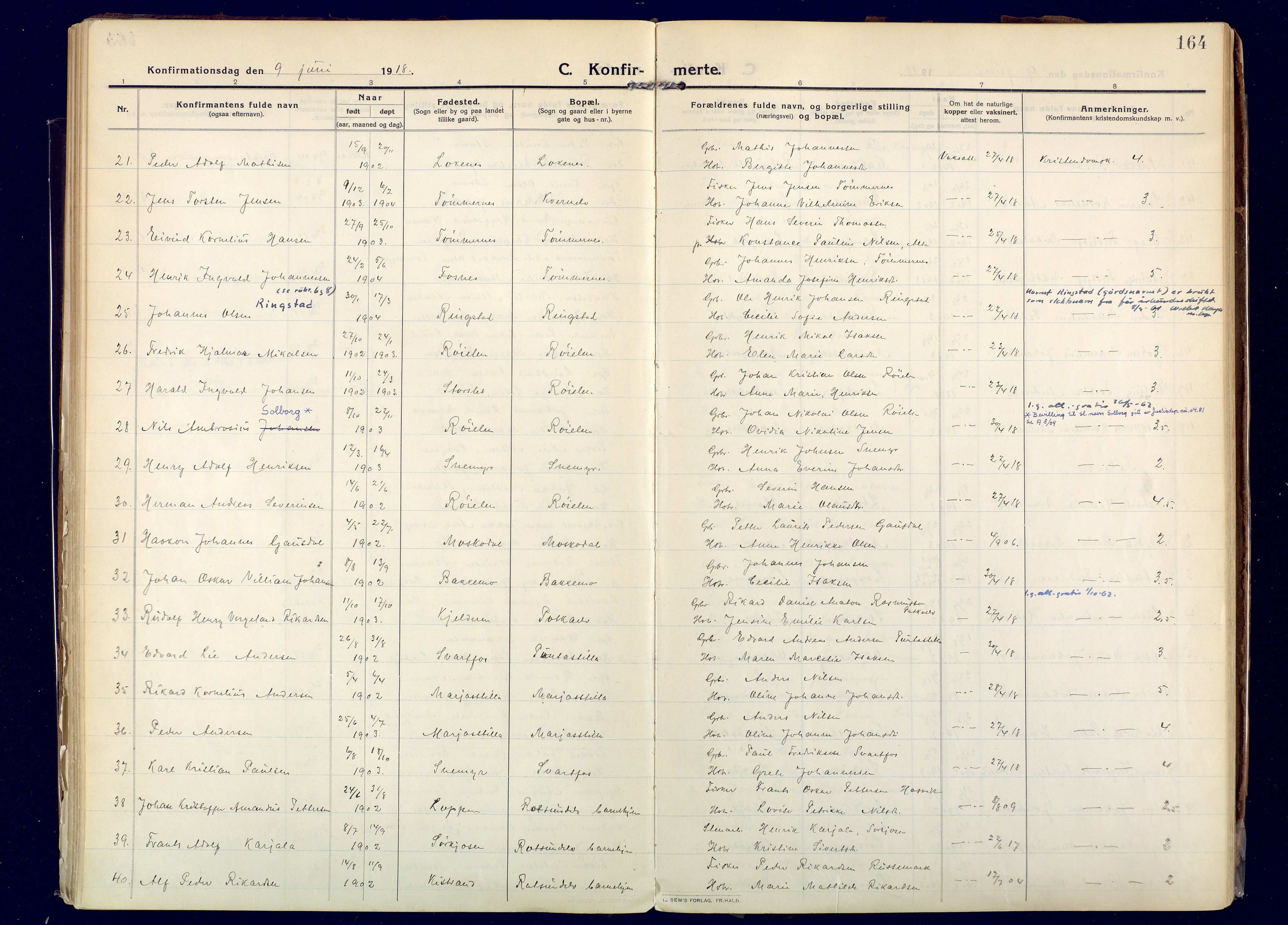 Skjervøy sokneprestkontor, AV/SATØ-S-1300/H/Ha/Haa: Parish register (official) no. 20, 1911-1931, p. 164