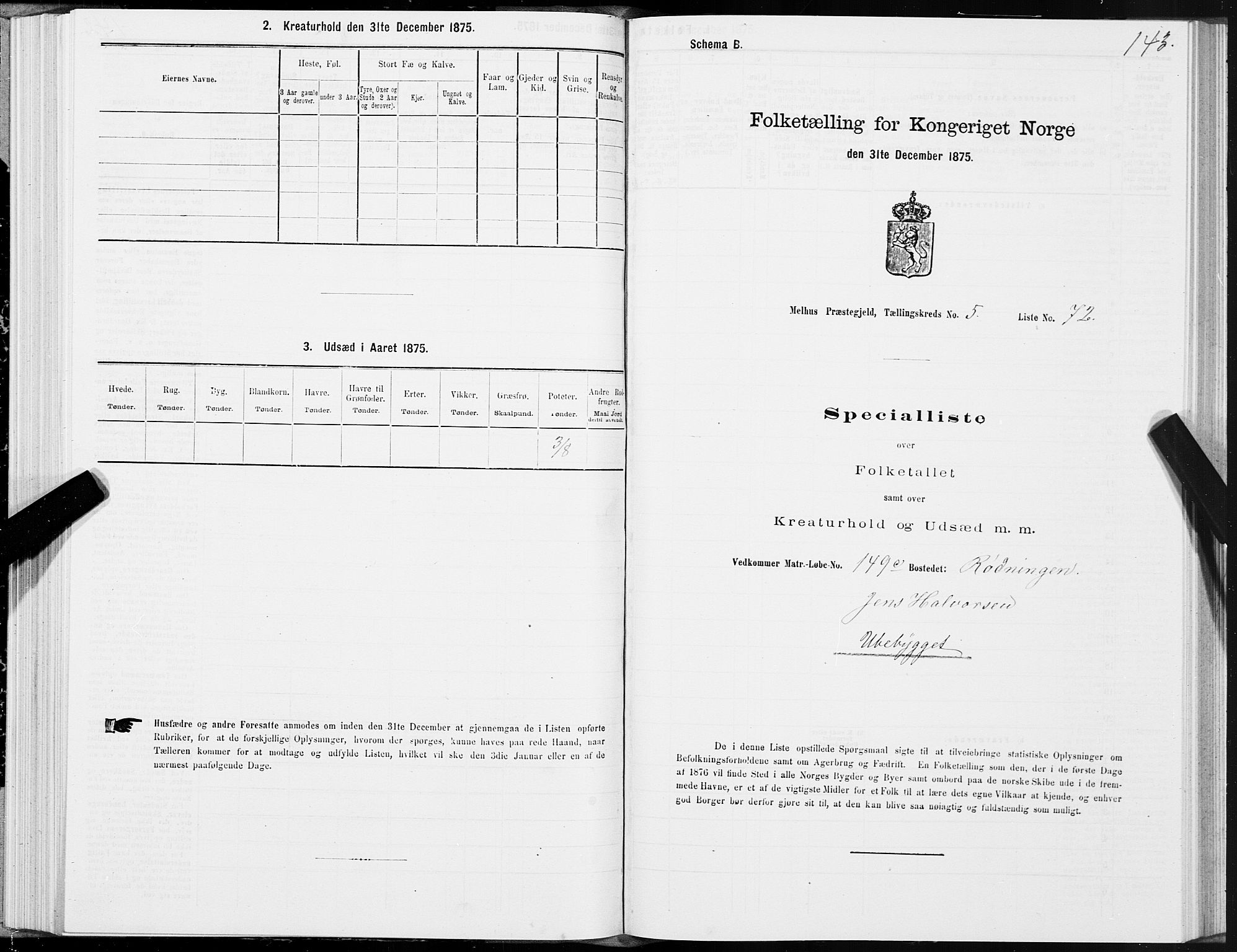 SAT, 1875 census for 1653P Melhus, 1875, p. 4143