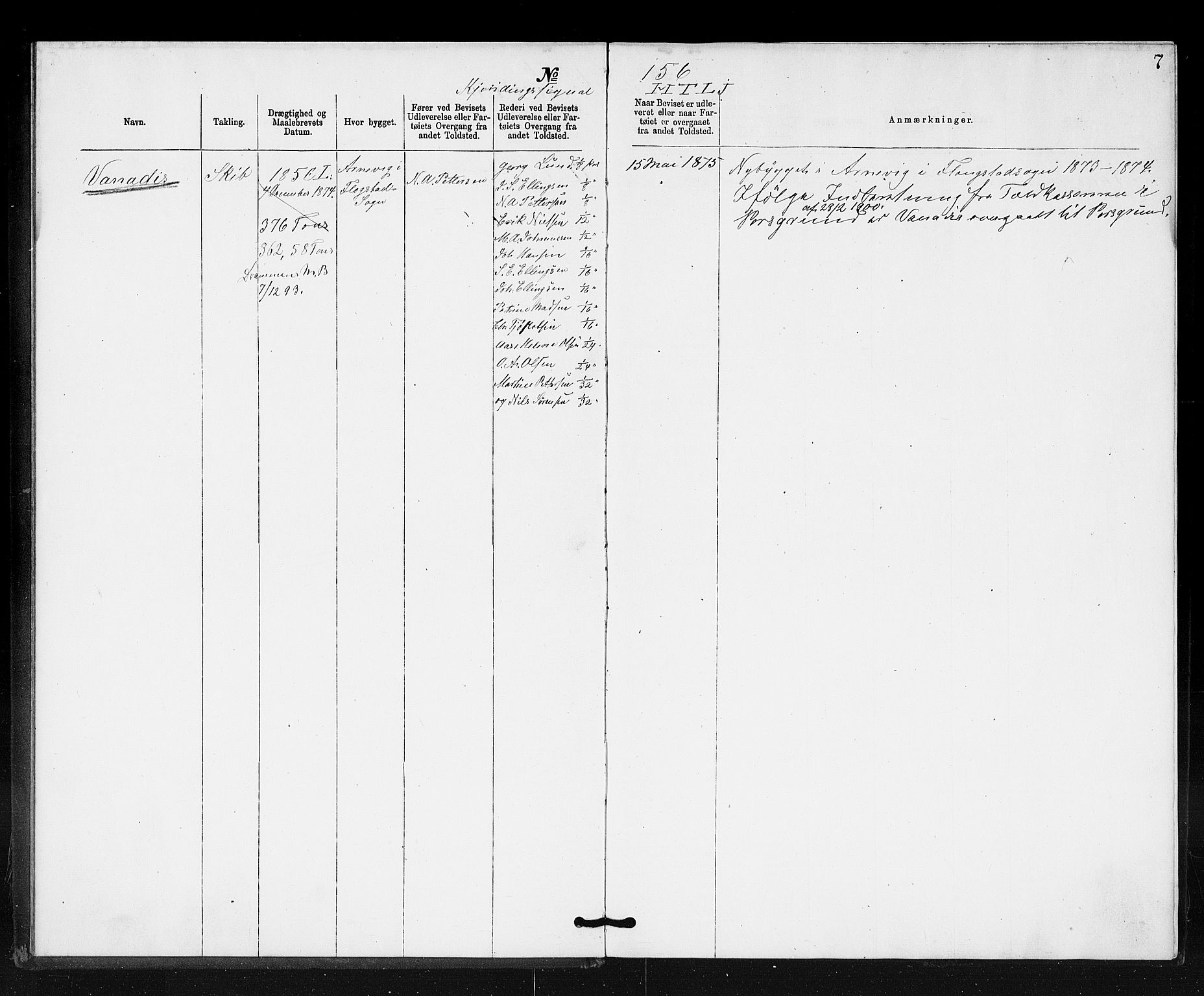 Tvedestrand tollsted, AV/SAK-1351-0011/H/Ha/L0080: Utstedte nasjonalitetsbevis, 1874-1911, p. 7