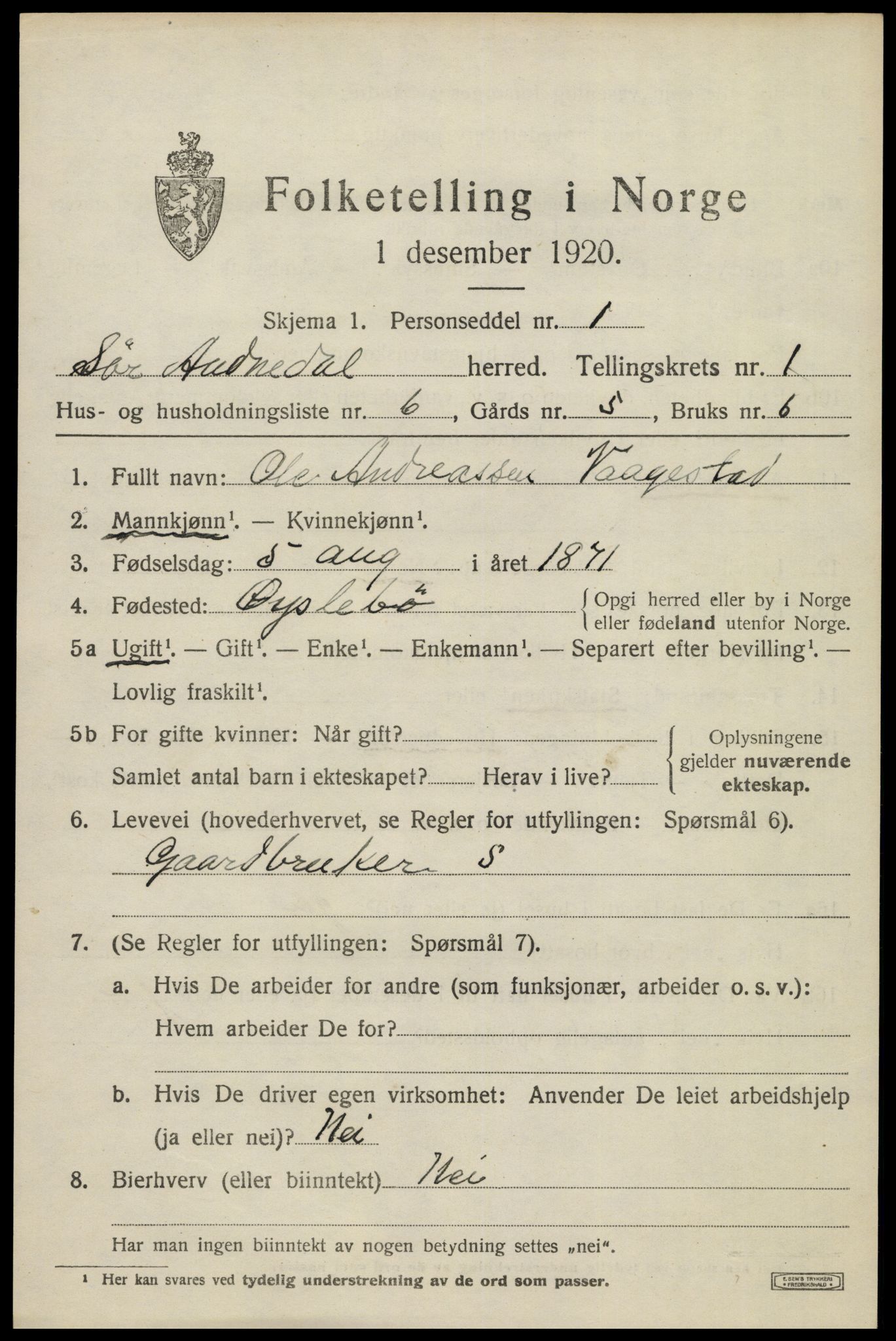 SAK, 1920 census for Sør-Audnedal, 1920, p. 1491
