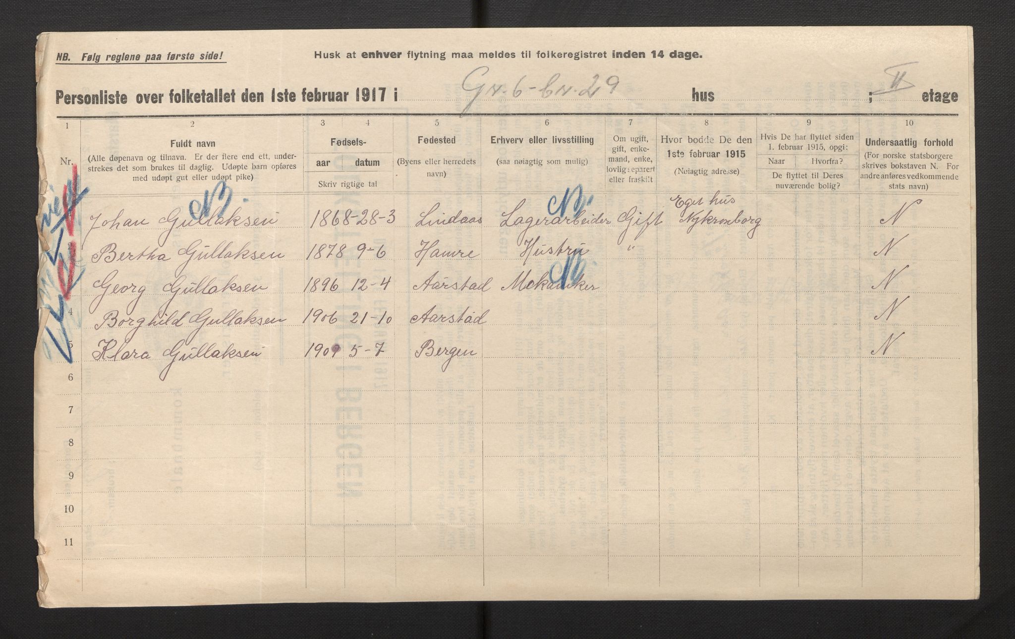 SAB, Municipal Census 1917 for Bergen, 1917, p. 47904