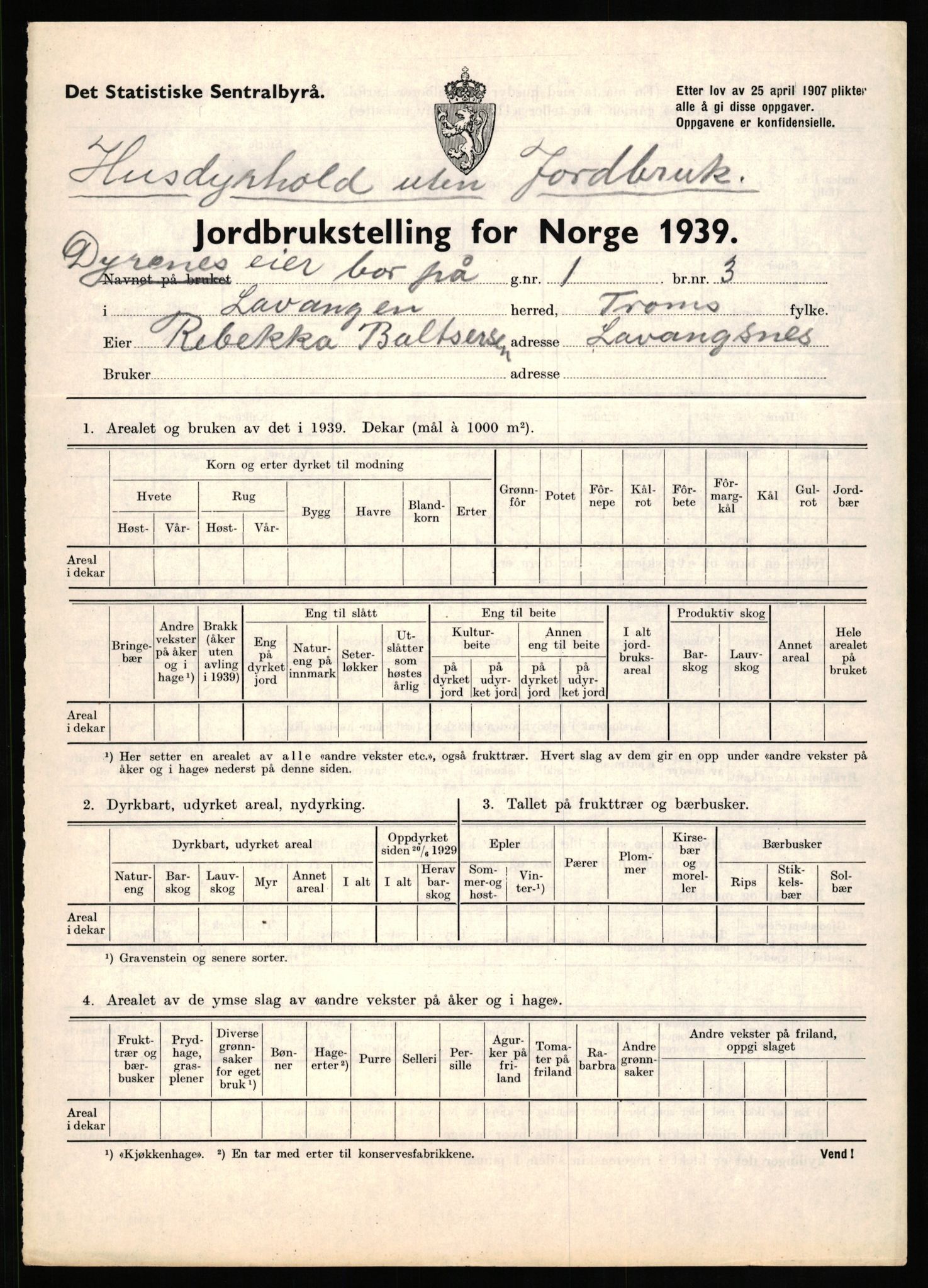 Statistisk sentralbyrå, Næringsøkonomiske emner, Jordbruk, skogbruk, jakt, fiske og fangst, AV/RA-S-2234/G/Gb/L0339: Troms: Andørja, Astafjord og Lavangen, 1939, p. 845