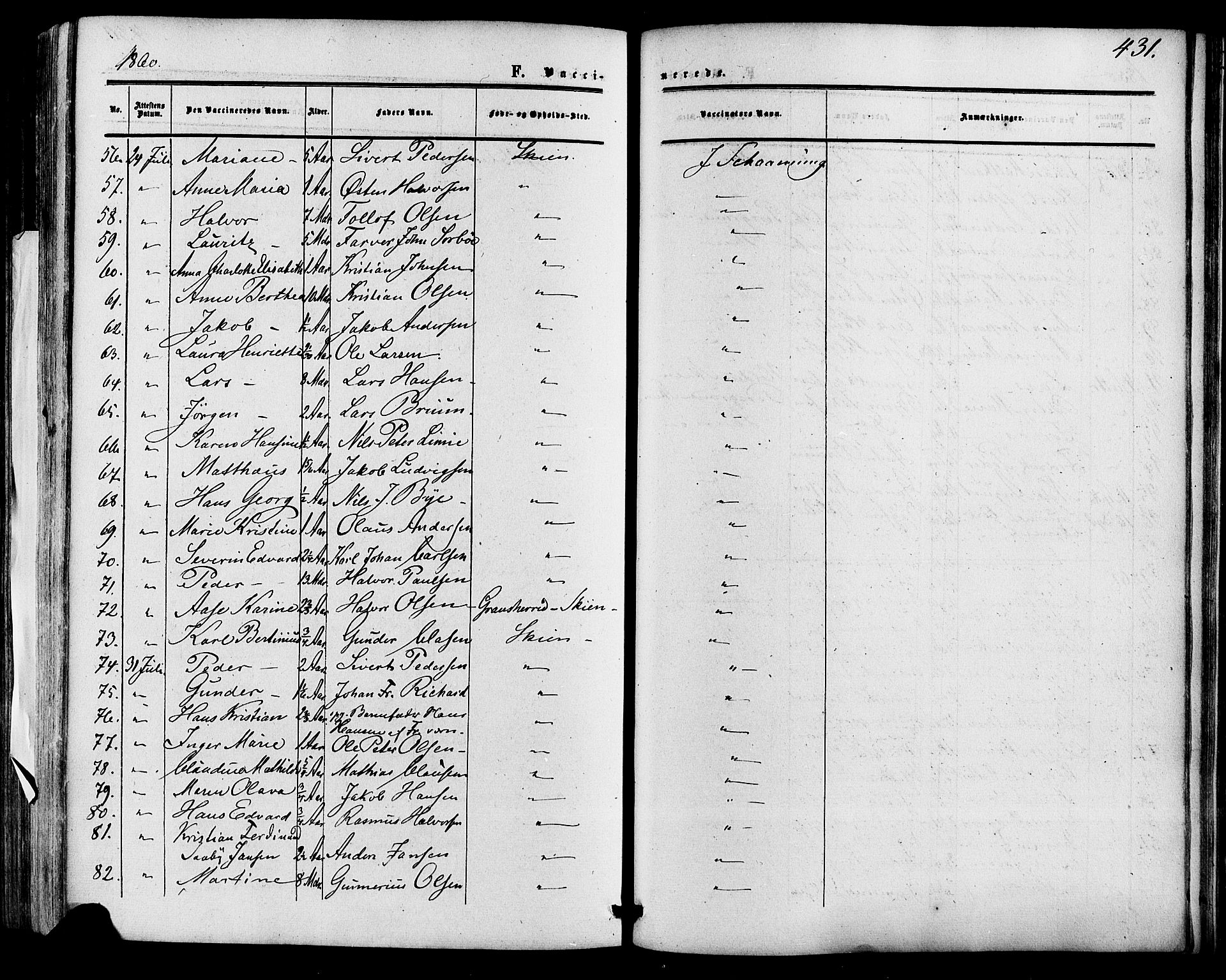 Skien kirkebøker, SAKO/A-302/F/Fa/L0007: Parish register (official) no. 7, 1856-1865, p. 431