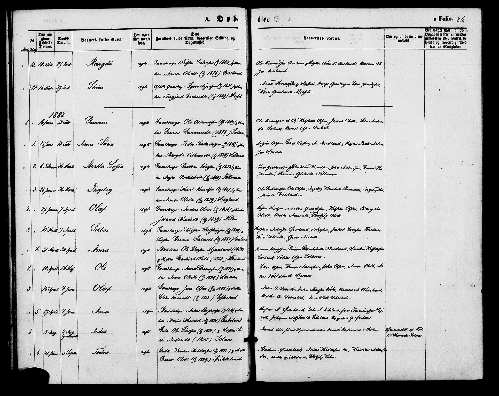 Bjelland sokneprestkontor, AV/SAK-1111-0005/F/Fa/Fab/L0003: Parish register (official) no. A 3, 1870-1887, p. 26