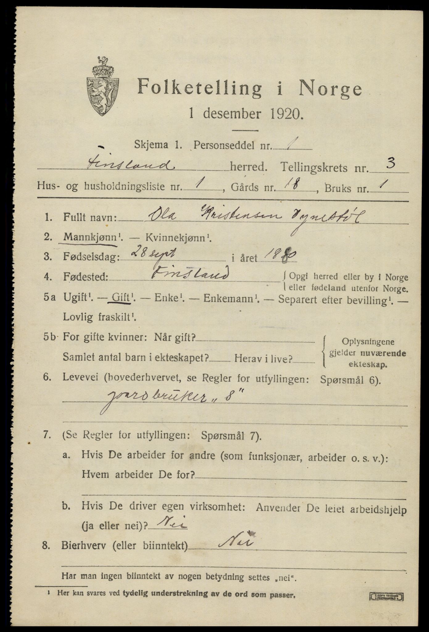 SAK, 1920 census for Finsland, 1920, p. 1182