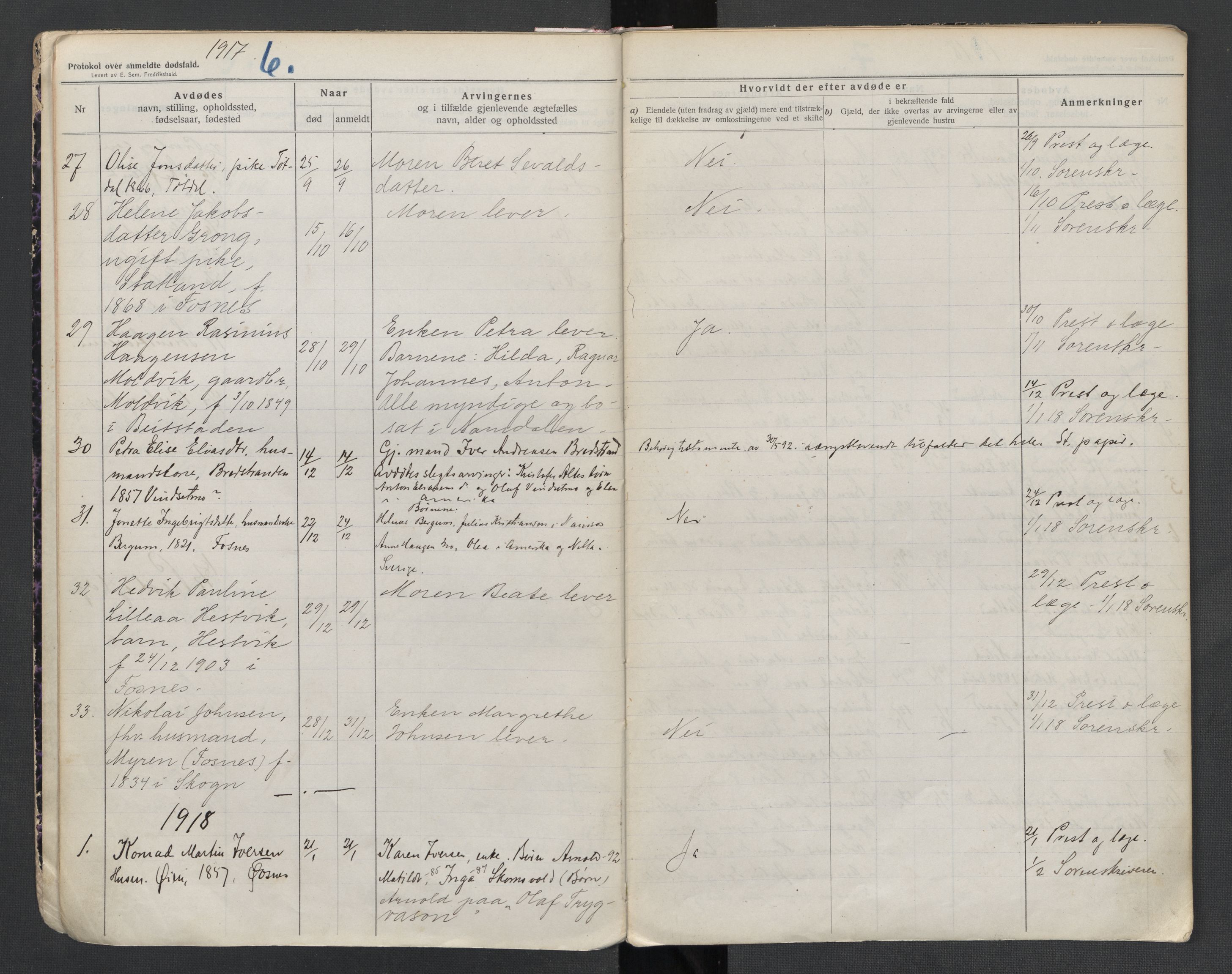 Fosnes lensmannskontor , SAT/A-1022/1/02/L0003: 2.01.03 Døsfallsjournal, 1916-1930, p. 6