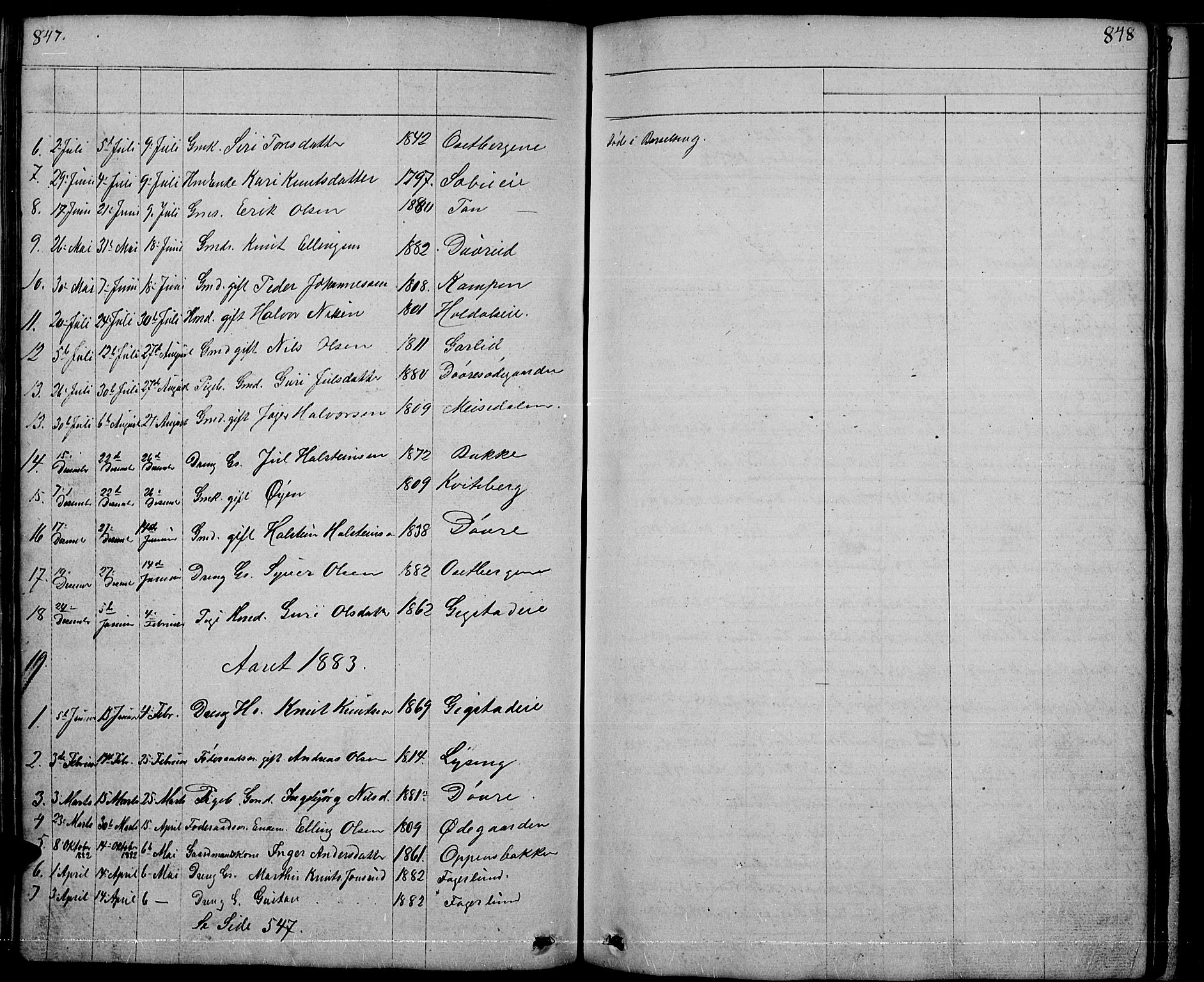 Nord-Aurdal prestekontor, SAH/PREST-132/H/Ha/Hab/L0001: Parish register (copy) no. 1, 1834-1887, p. 847-848