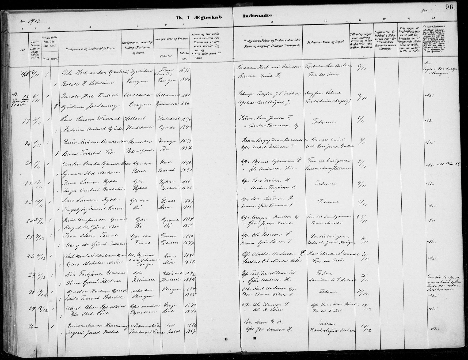 Voss sokneprestembete, AV/SAB-A-79001/H/Haa: Parish register (official) no. C  1, 1887-1915, p. 96