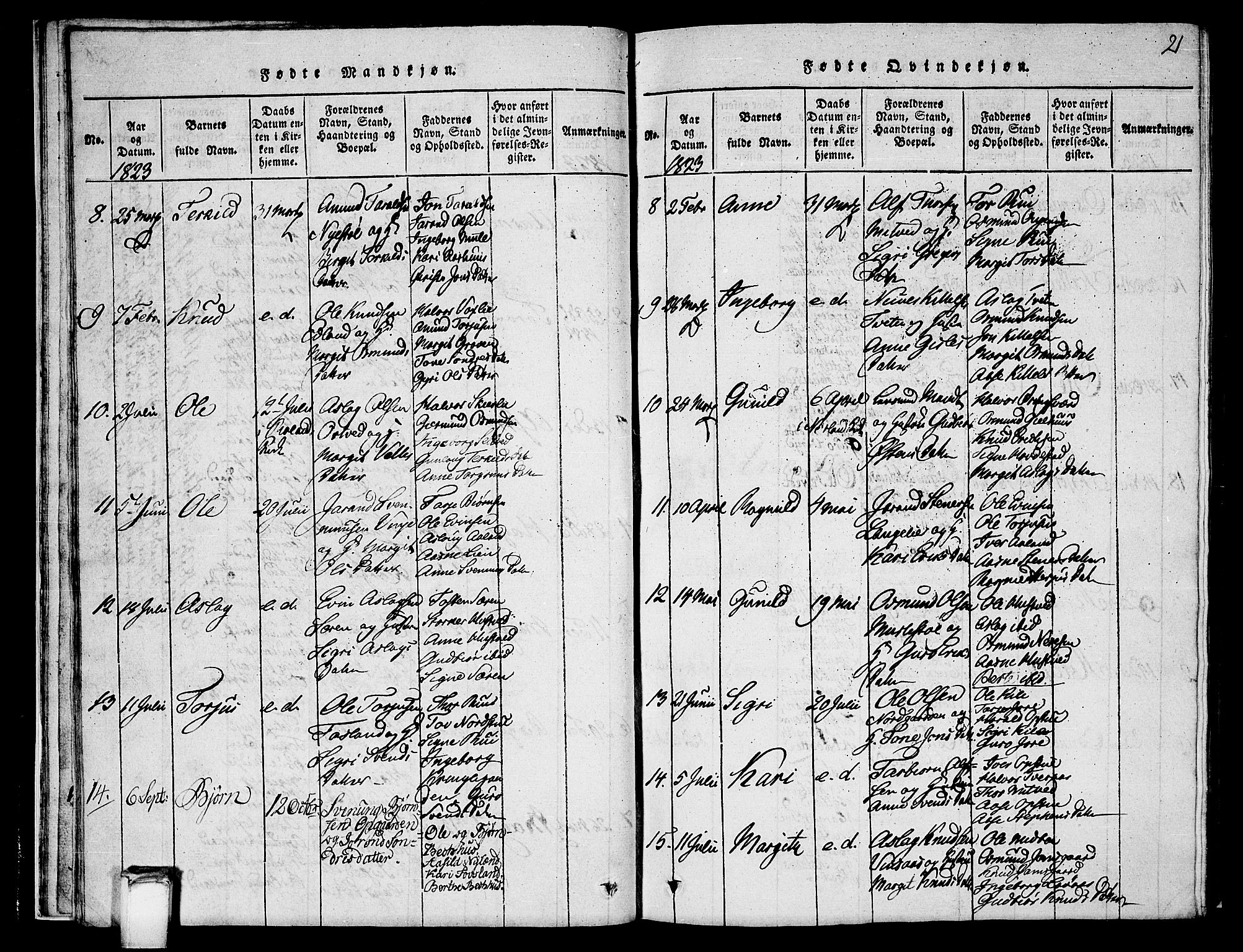 Vinje kirkebøker, SAKO/A-312/G/Ga/L0001: Parish register (copy) no. I 1, 1814-1843, p. 21