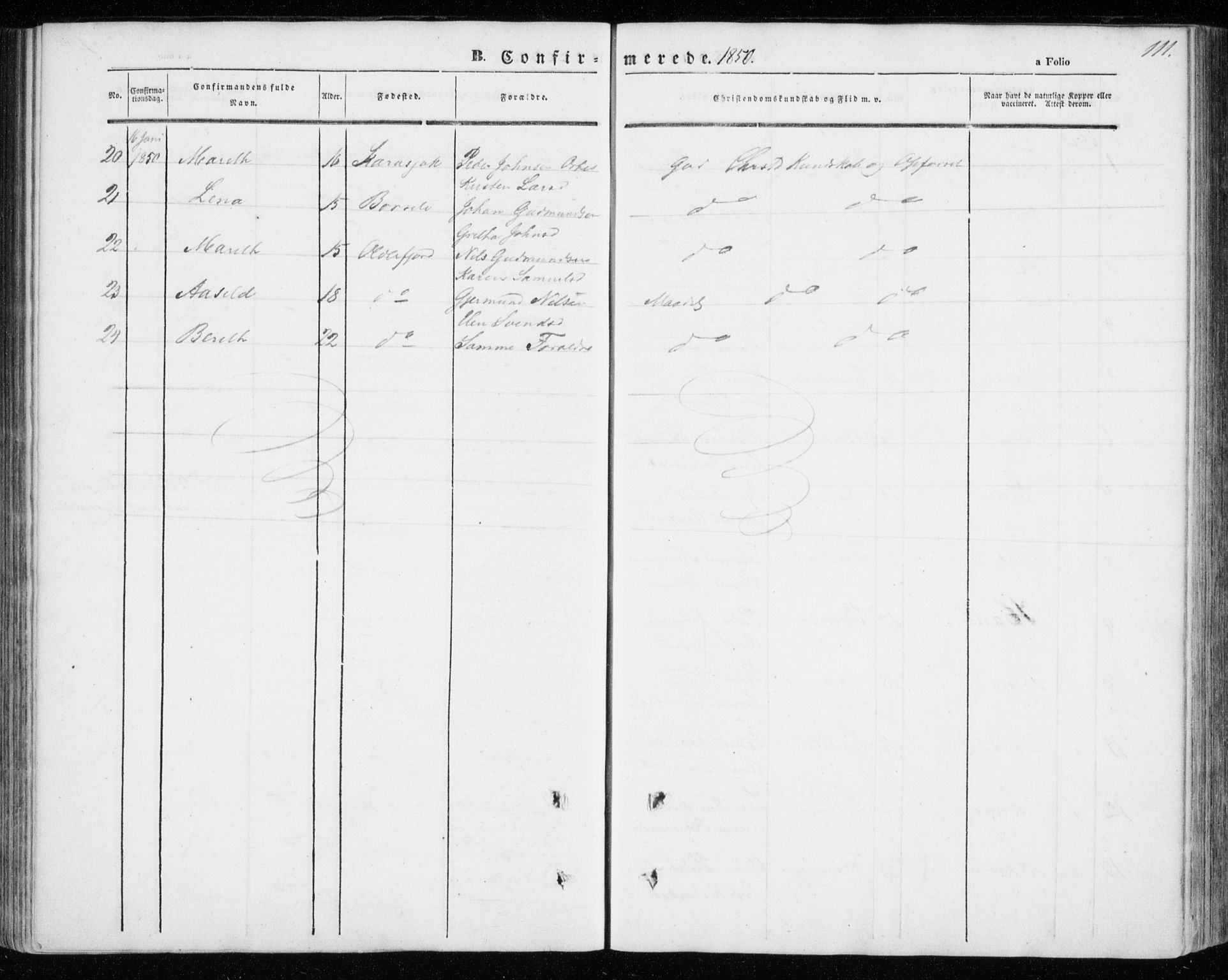 Kistrand/Porsanger sokneprestembete, SATØ/S-1351/H/Ha/L0004.kirke: Parish register (official) no. 4, 1843-1860, p. 111