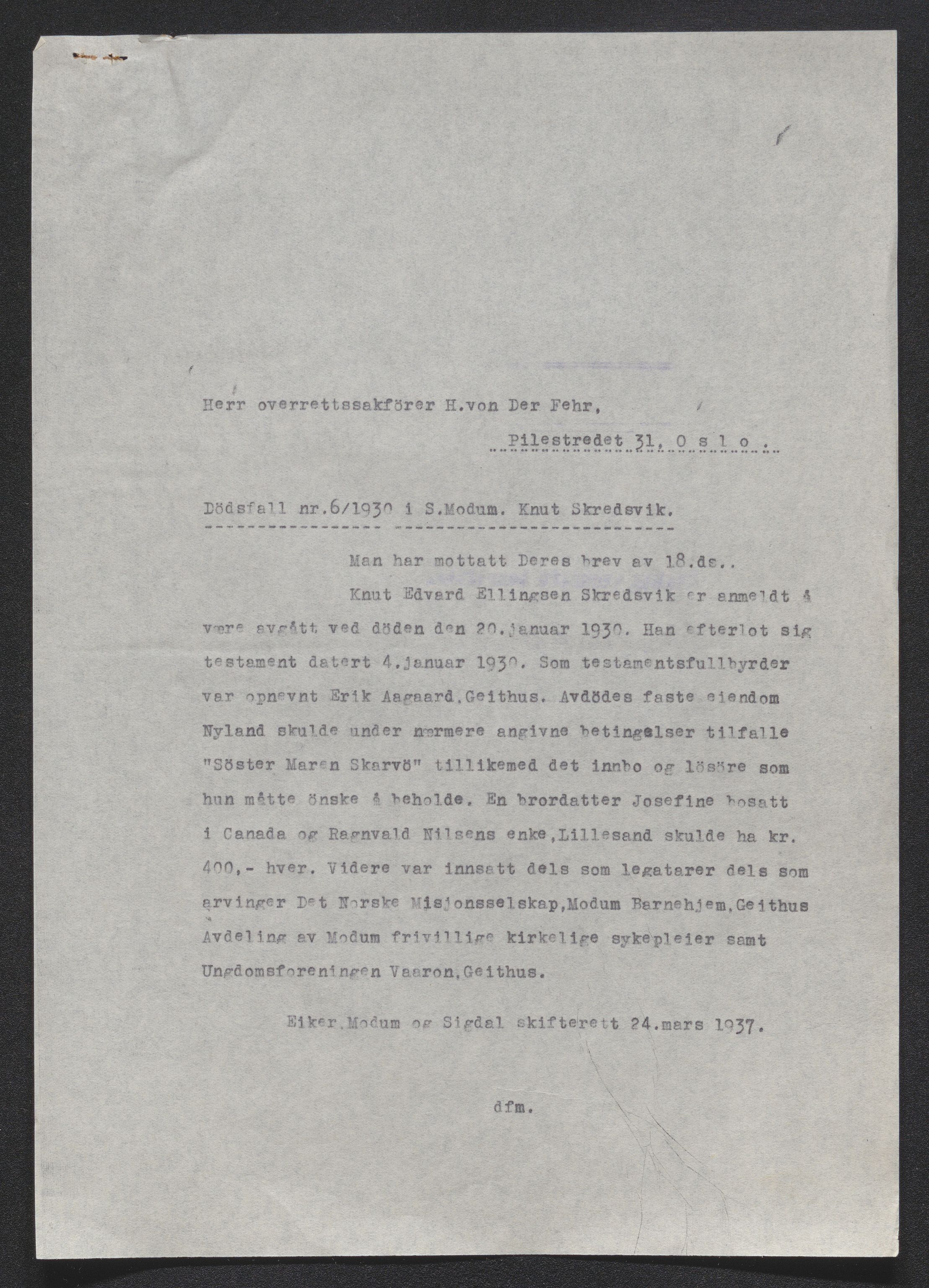 Eiker, Modum og Sigdal sorenskriveri, AV/SAKO-A-123/H/Ha/Hab/L0046: Dødsfallsmeldinger, 1930-1931, p. 38