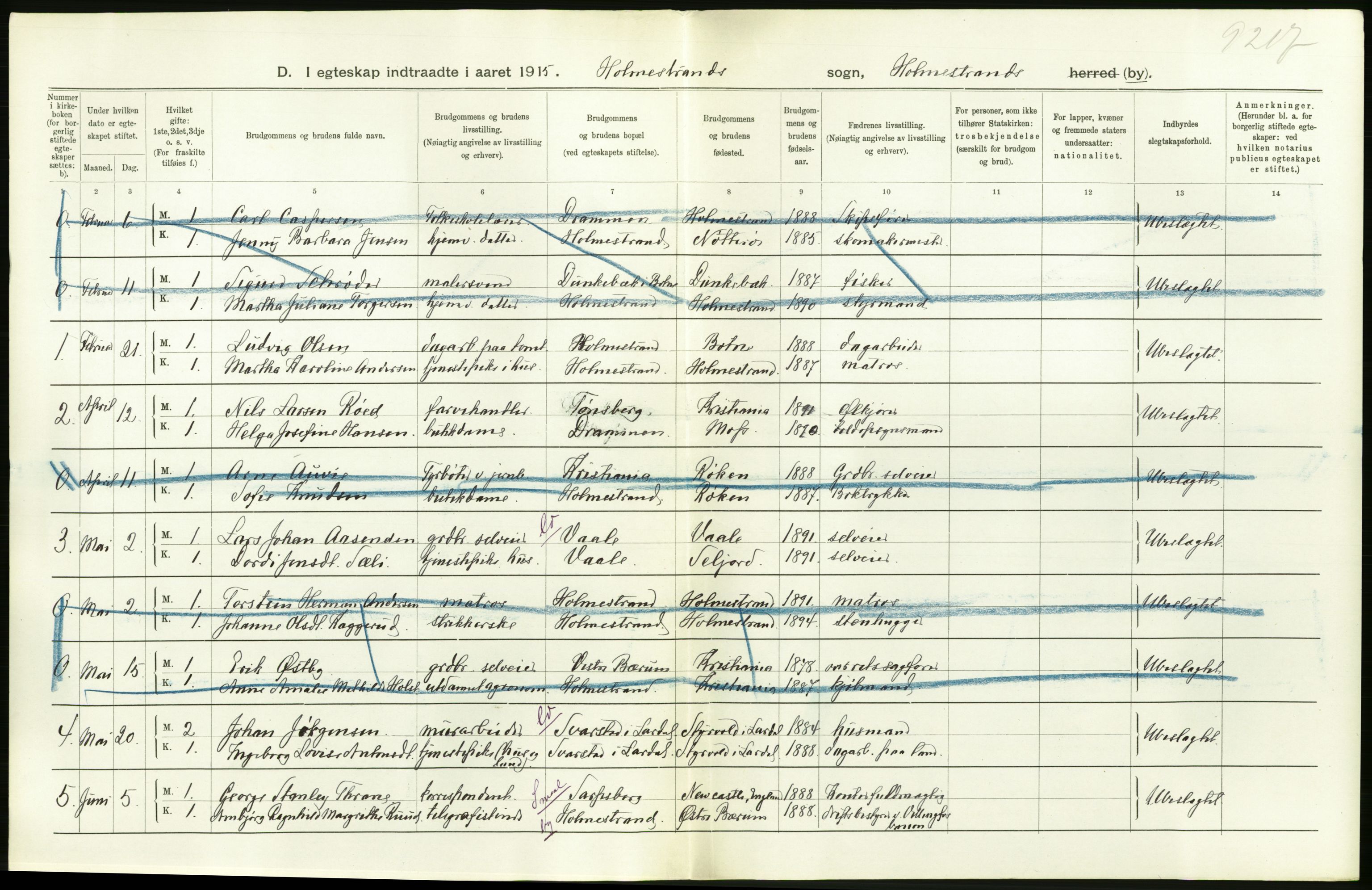 Statistisk sentralbyrå, Sosiodemografiske emner, Befolkning, AV/RA-S-2228/D/Df/Dfb/Dfbe/L0019: Jarlsberg og Larviks amt: gifte, døde, dødfødte. Bygder og byer., 1915, p. 144