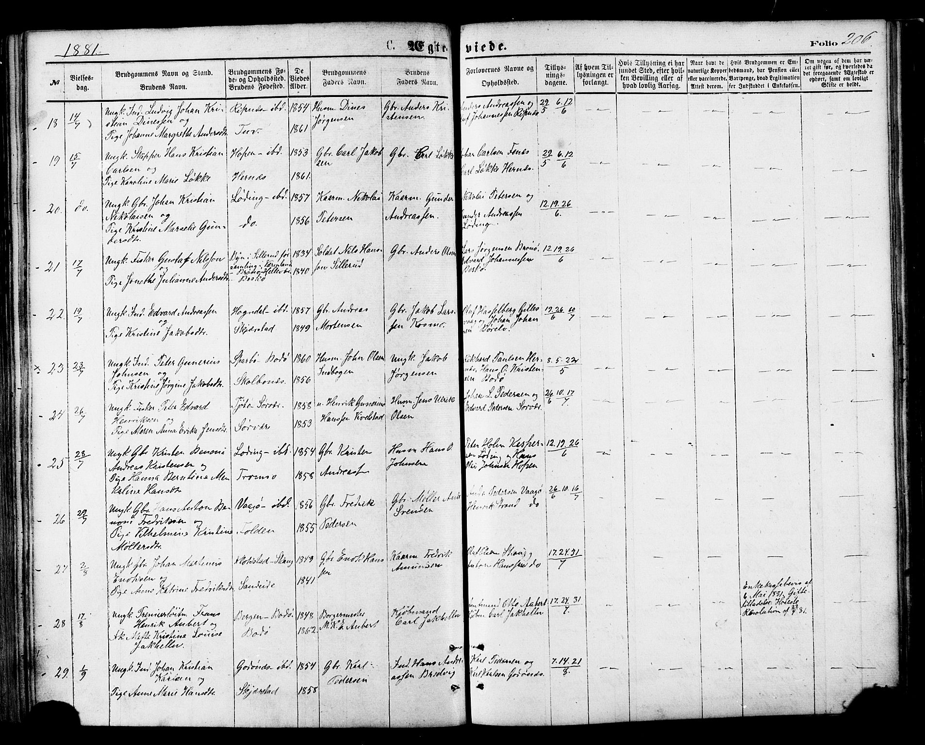 Ministerialprotokoller, klokkerbøker og fødselsregistre - Nordland, AV/SAT-A-1459/801/L0009: Parish register (official) no. 801A09, 1876-1883, p. 206