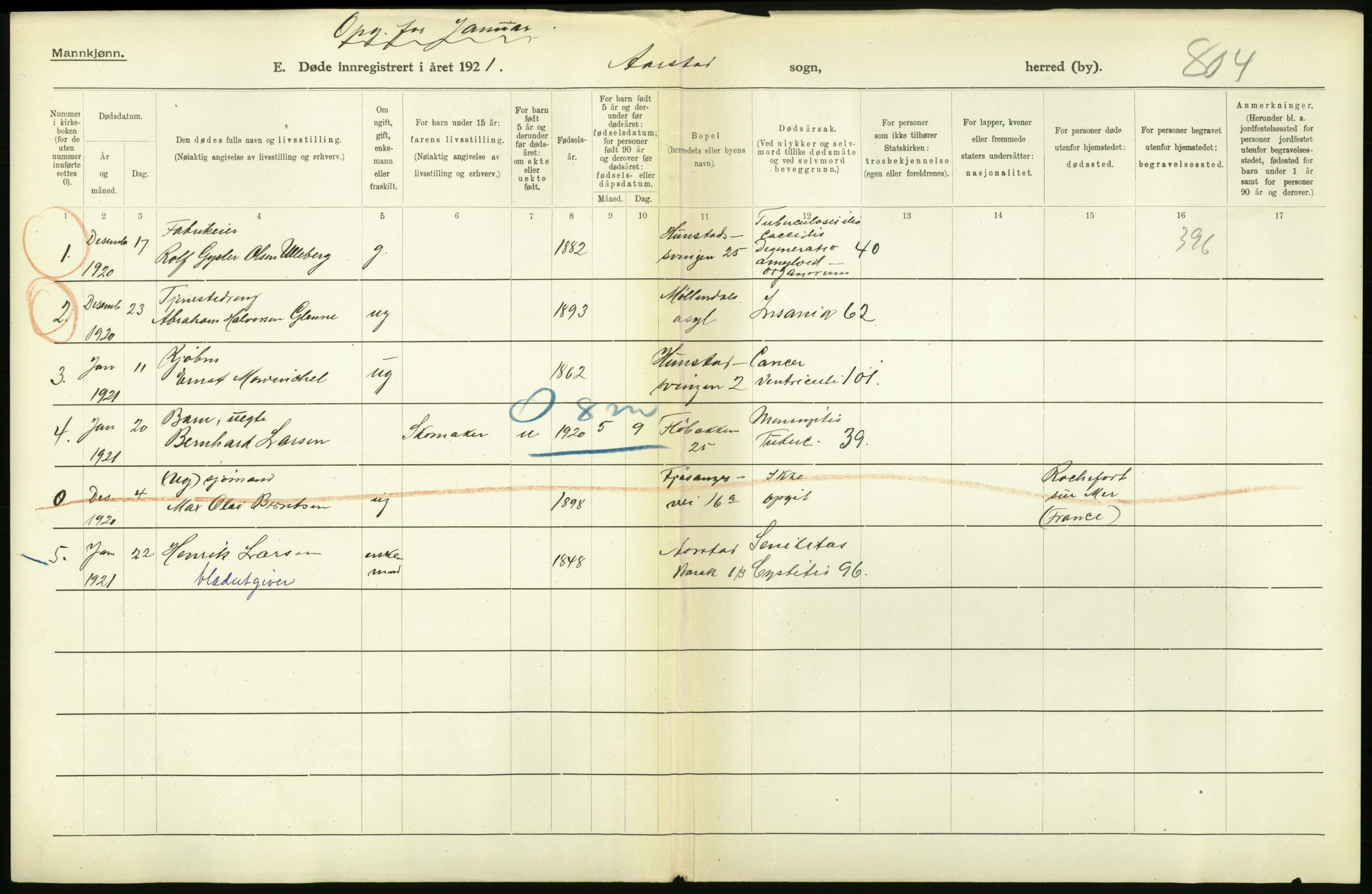 Statistisk sentralbyrå, Sosiodemografiske emner, Befolkning, AV/RA-S-2228/D/Df/Dfc/Dfca/L0036: Bergen: Døde., 1921, p. 118