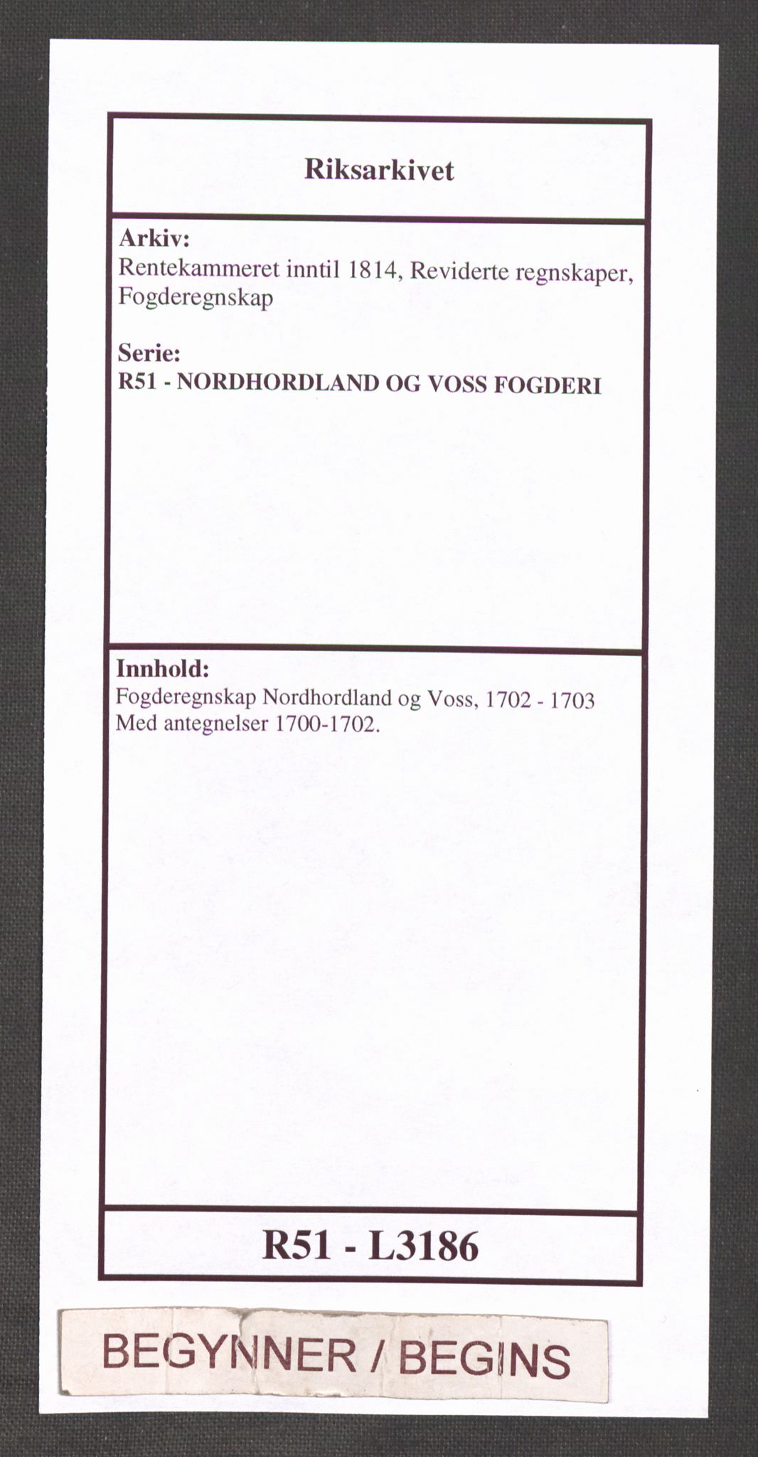 Rentekammeret inntil 1814, Reviderte regnskaper, Fogderegnskap, AV/RA-EA-4092/R51/L3186: Fogderegnskap Nordhordland og Voss, 1702-1703, p. 1