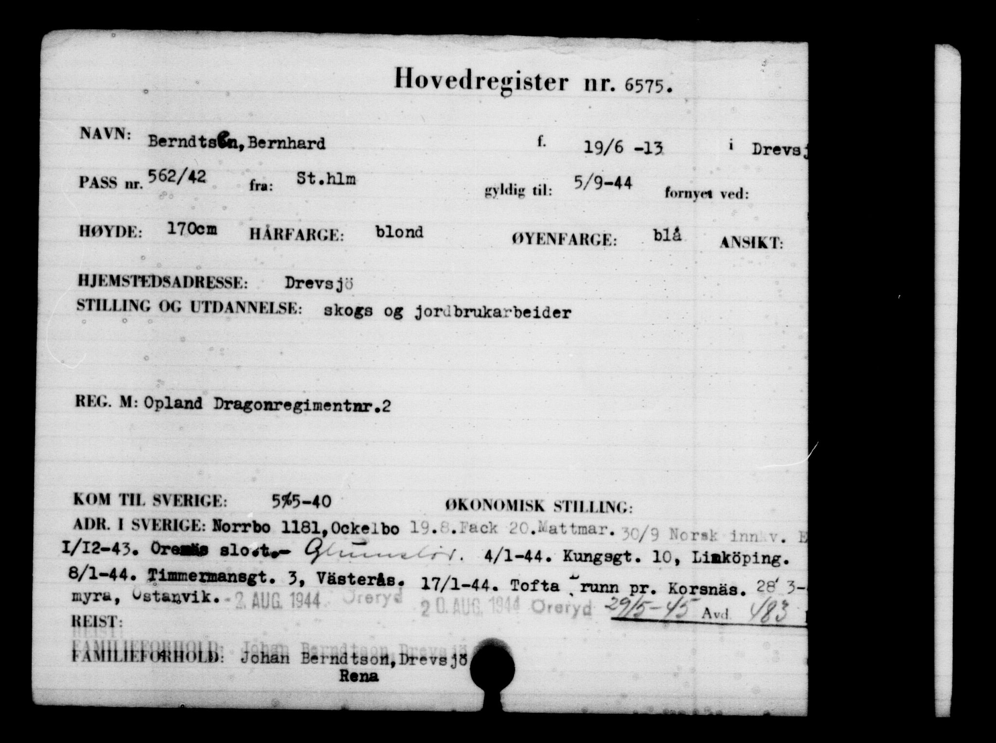 Utenriksstasjonene, Legasjonen i Stockholm, Flyktningkontoret, AV/RA-S-6753/V/Va/L0004: Kjesäterkartoteket, flyktninger med registreringsnr. 3496-6610, 1940-1945, p. 3639