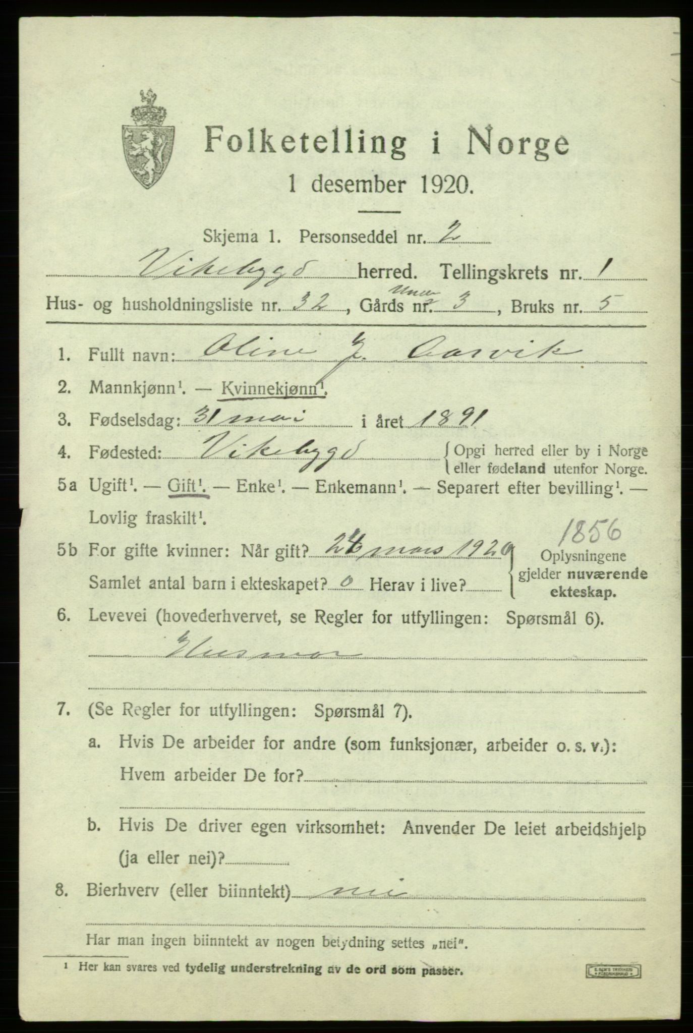 SAB, 1920 census for Vikebygd, 1920, p. 831