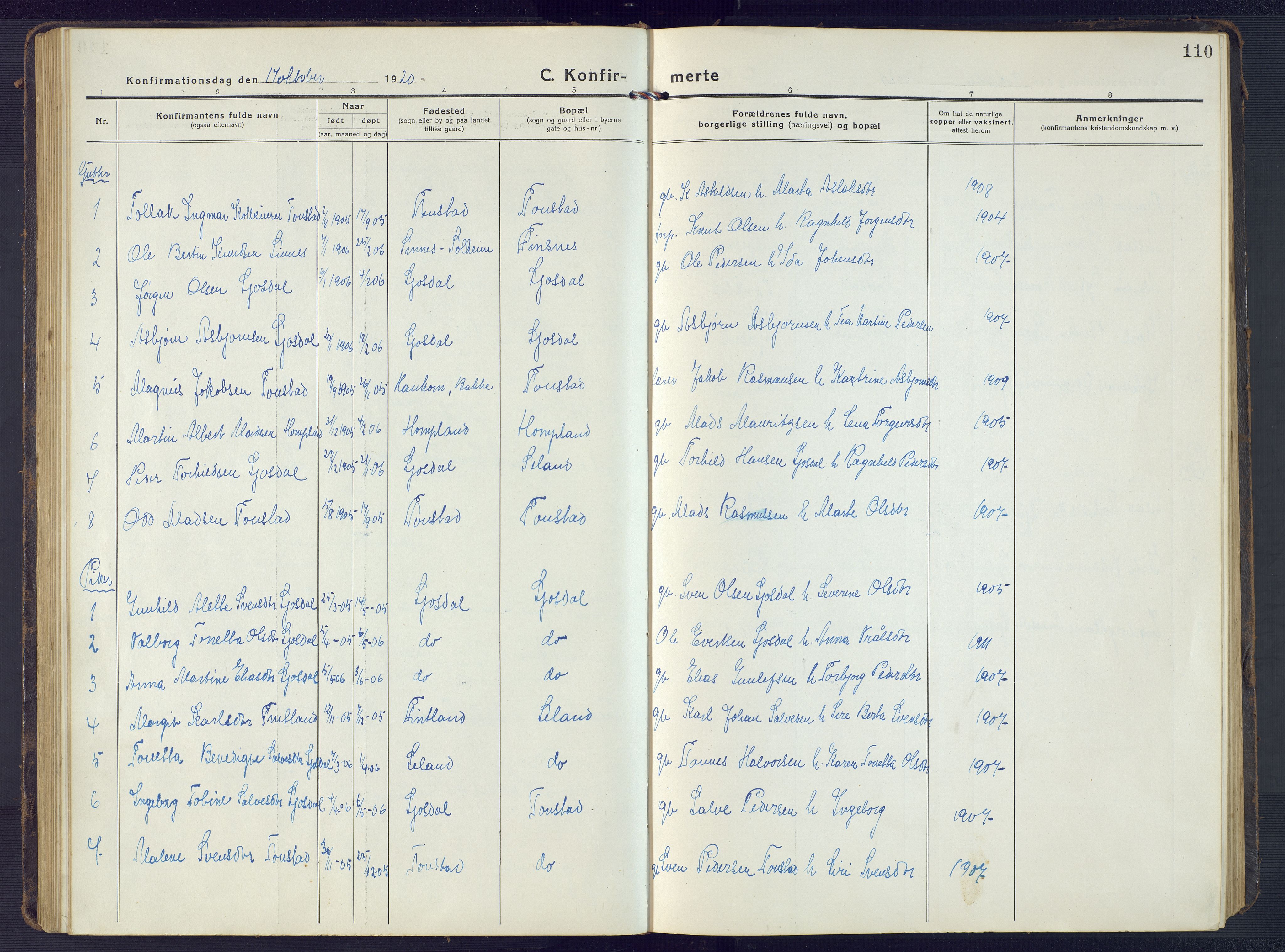 Sirdal sokneprestkontor, SAK/1111-0036/F/Fb/Fbb/L0005: Parish register (copy) no. B 5, 1916-1960, p. 110