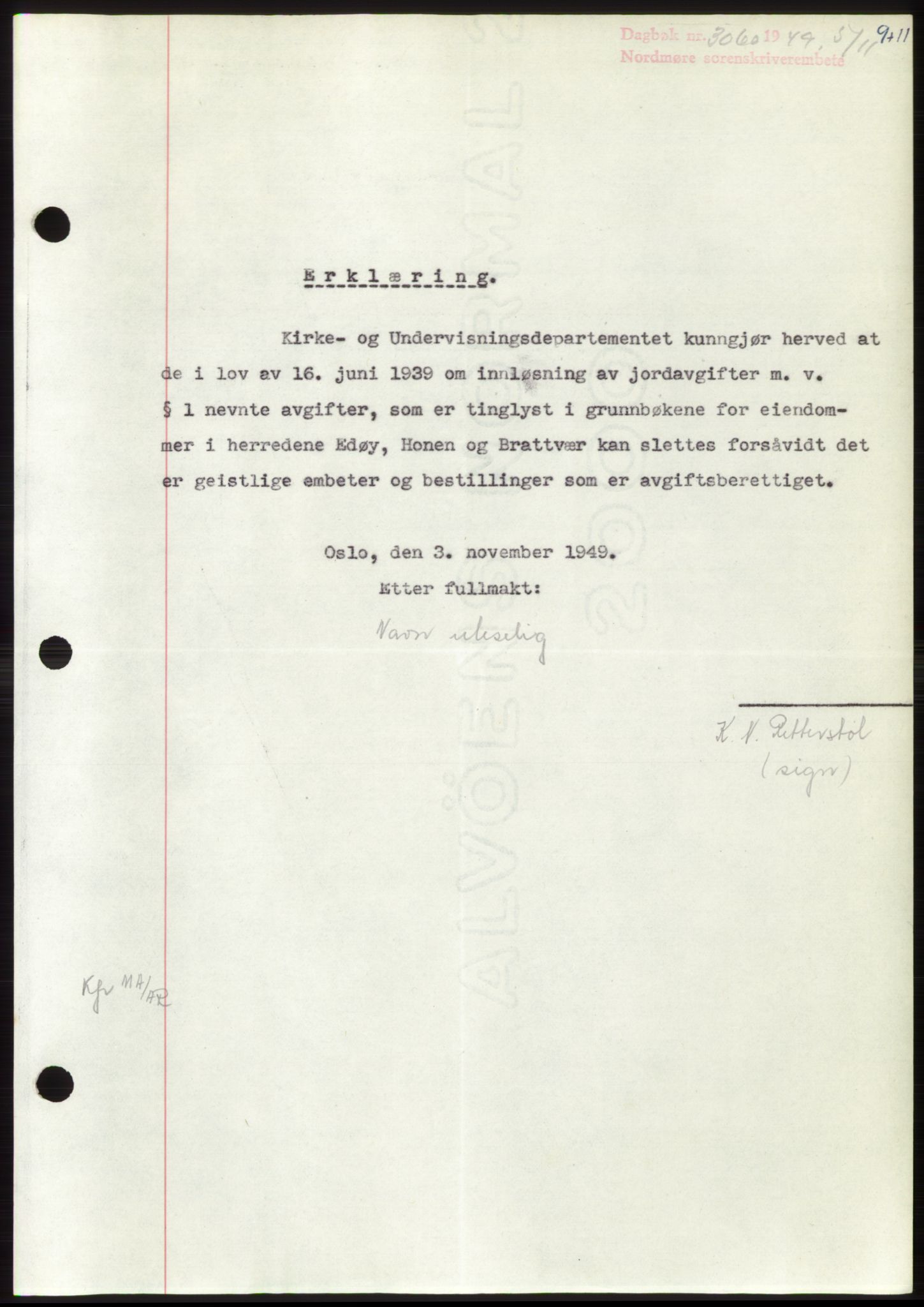 Nordmøre sorenskriveri, AV/SAT-A-4132/1/2/2Ca: Mortgage book no. B103, 1949-1950, Diary no: : 3060/1949