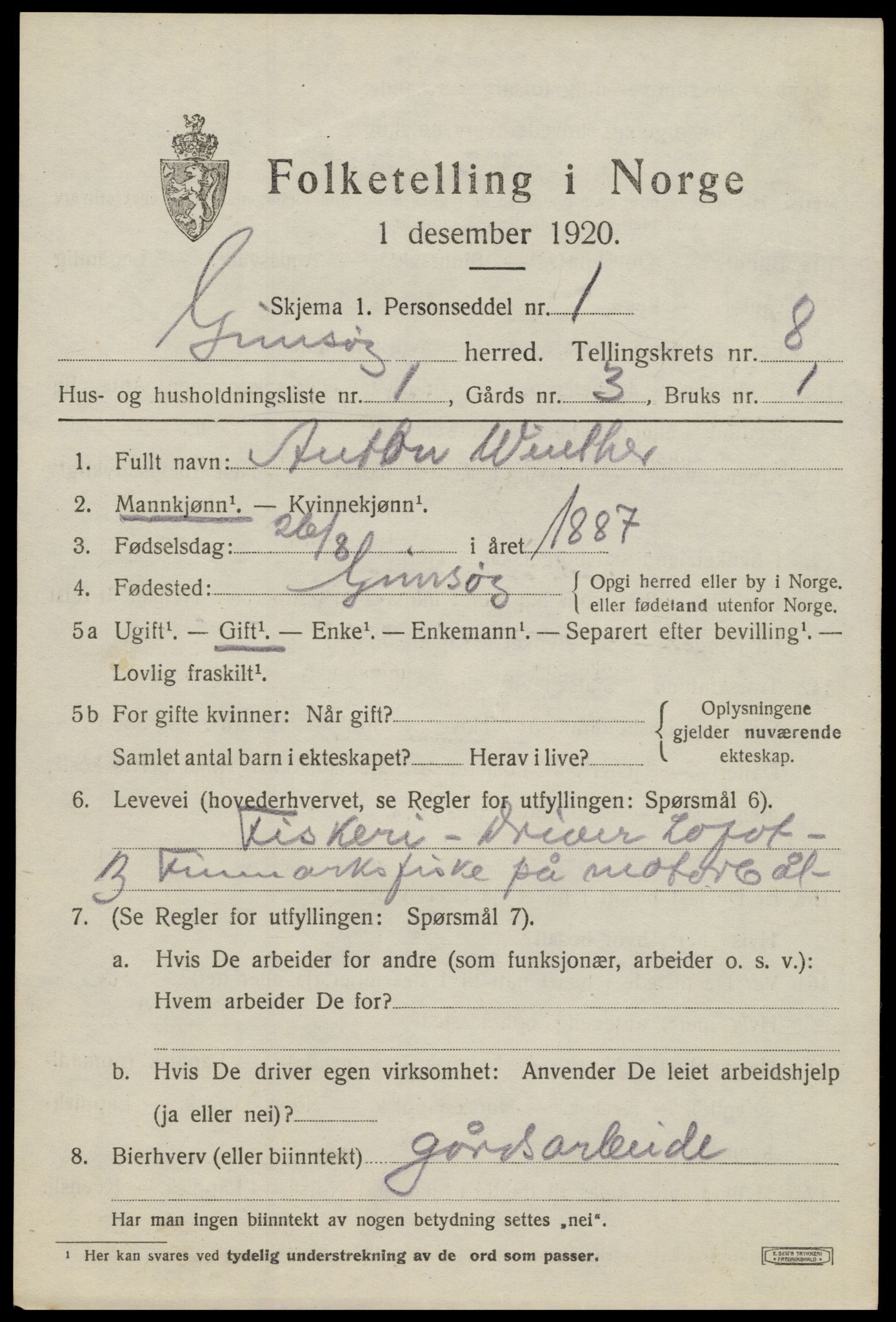 SAT, 1920 census for Gimsøy, 1920, p. 3207