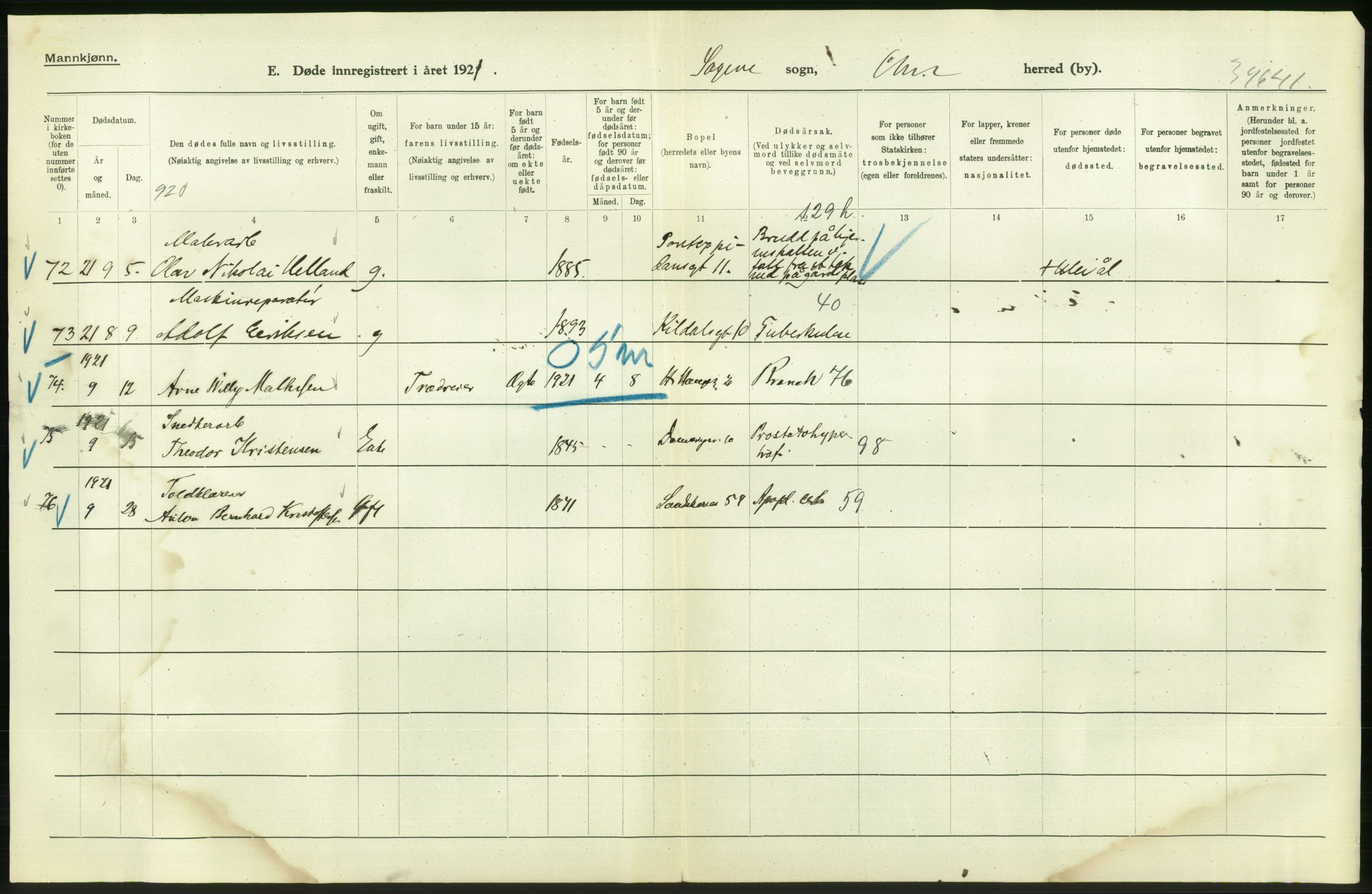 Statistisk sentralbyrå, Sosiodemografiske emner, Befolkning, AV/RA-S-2228/D/Df/Dfc/Dfca/L0013: Kristiania: Døde, dødfødte, 1921, p. 92