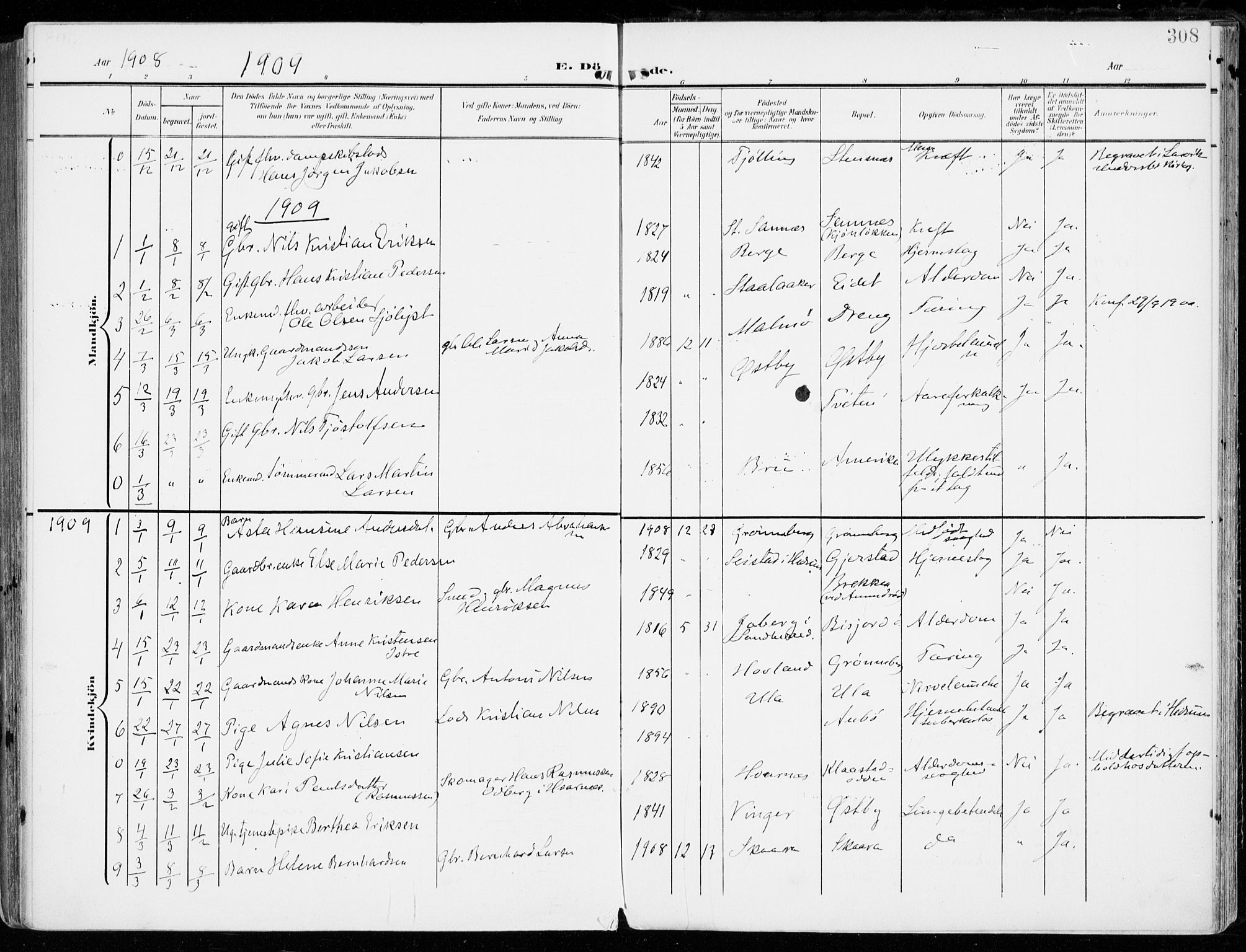 Tjølling kirkebøker, SAKO/A-60/F/Fa/L0010: Parish register (official) no. 10, 1906-1923, p. 308