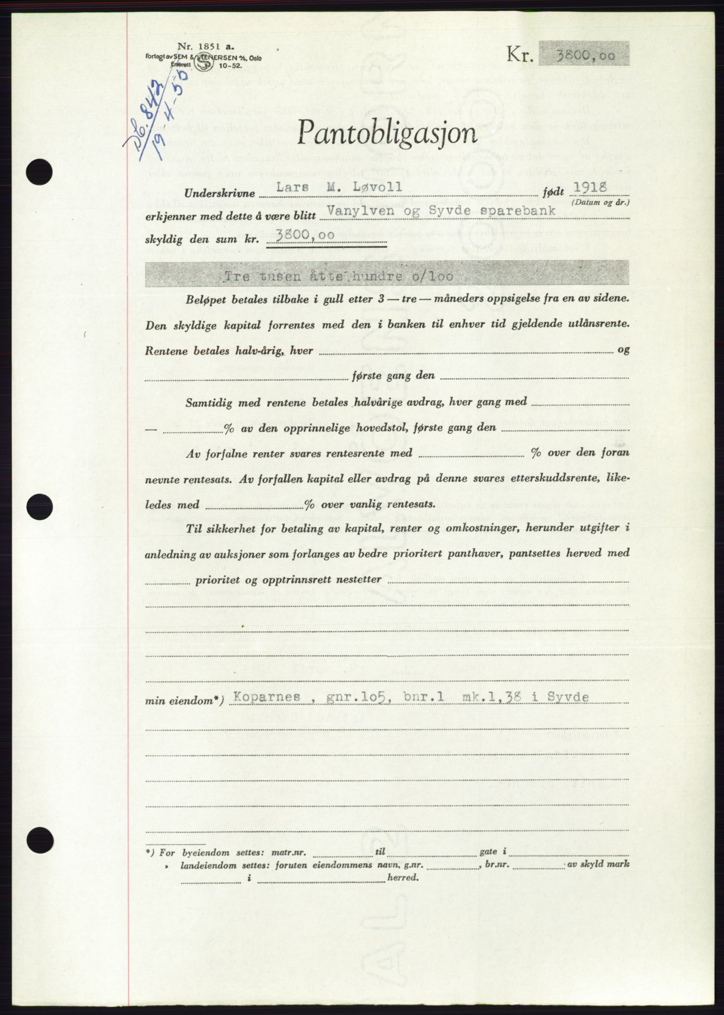 Søre Sunnmøre sorenskriveri, AV/SAT-A-4122/1/2/2C/L0126: Mortgage book no. 14B, 1954-1955, Diary no: : 842/1955