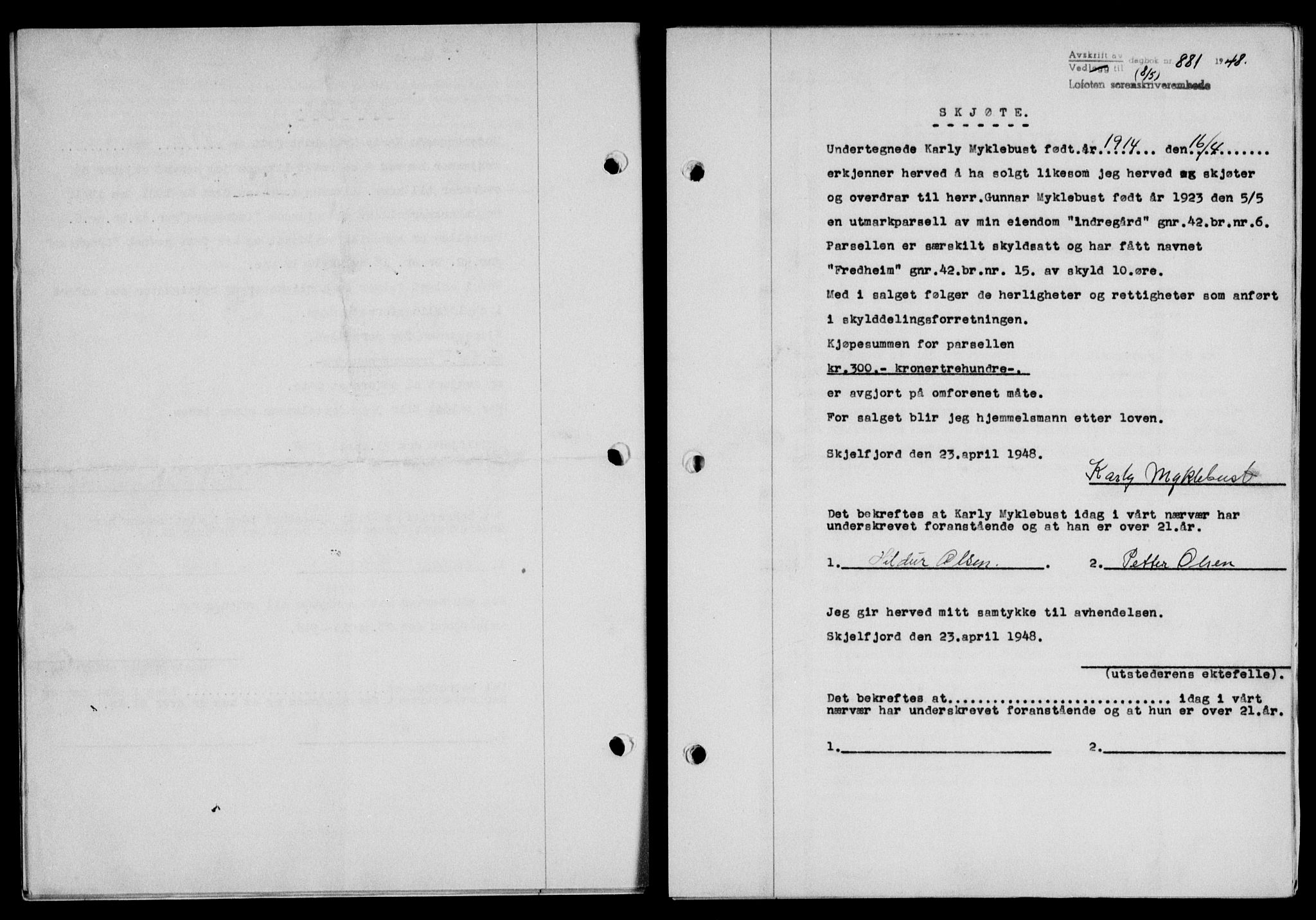 Lofoten sorenskriveri, SAT/A-0017/1/2/2C/L0018a: Mortgage book no. 18a, 1948-1948, Diary no: : 881/1948