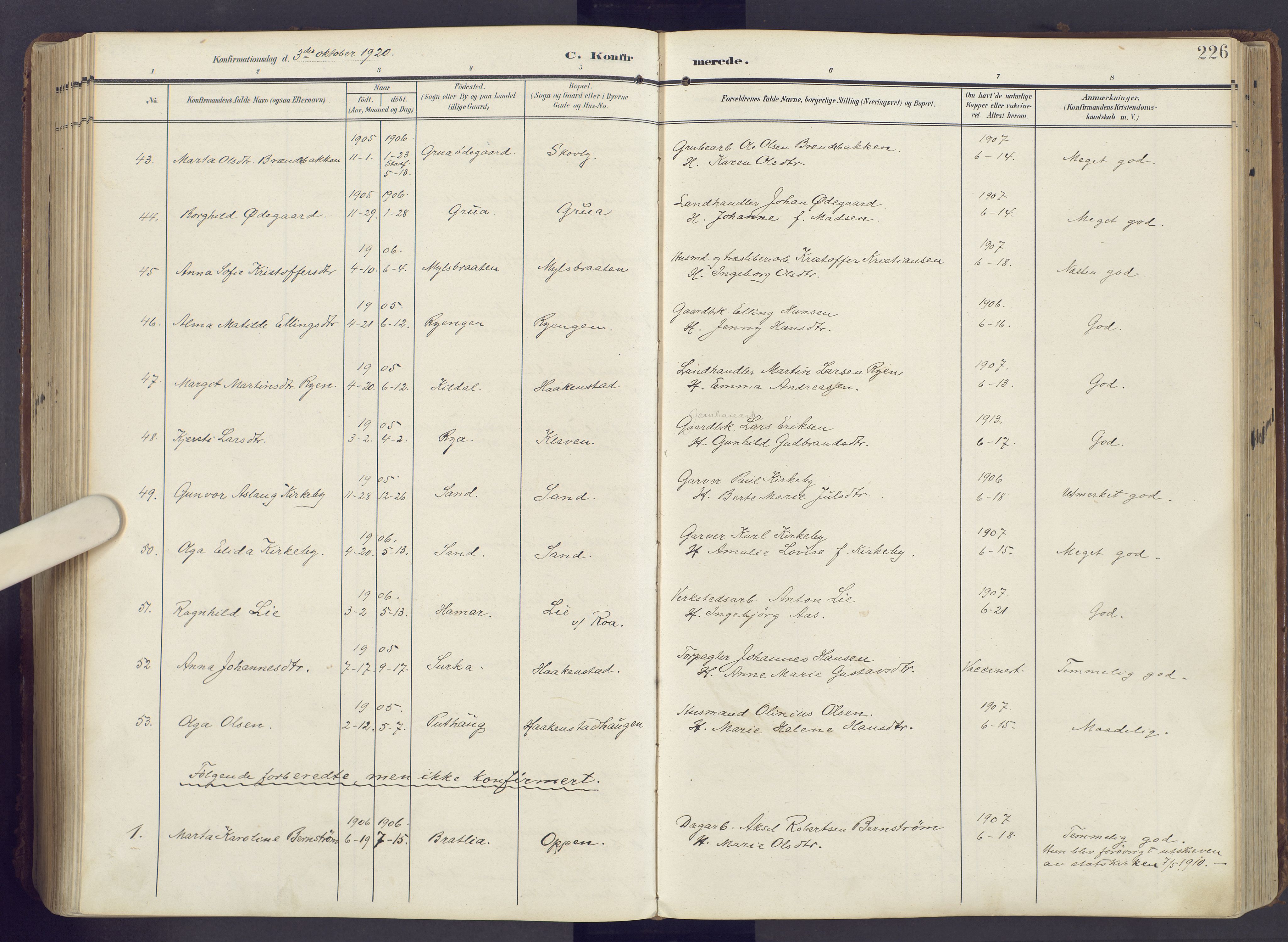 Lunner prestekontor, SAH/PREST-118/H/Ha/Haa/L0001: Parish register (official) no. 1, 1907-1922, p. 226