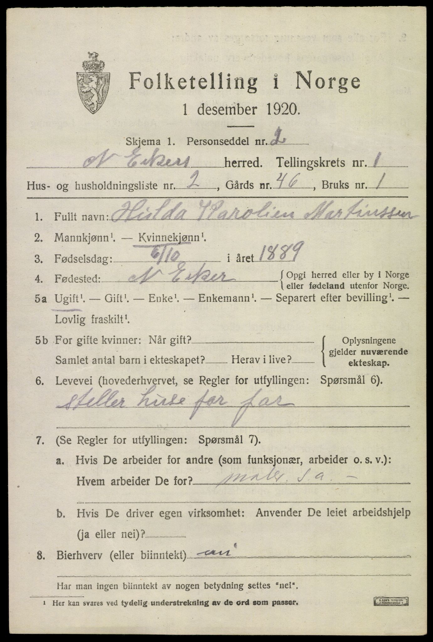 SAKO, 1920 census for Nedre Eiker, 1920, p. 2127