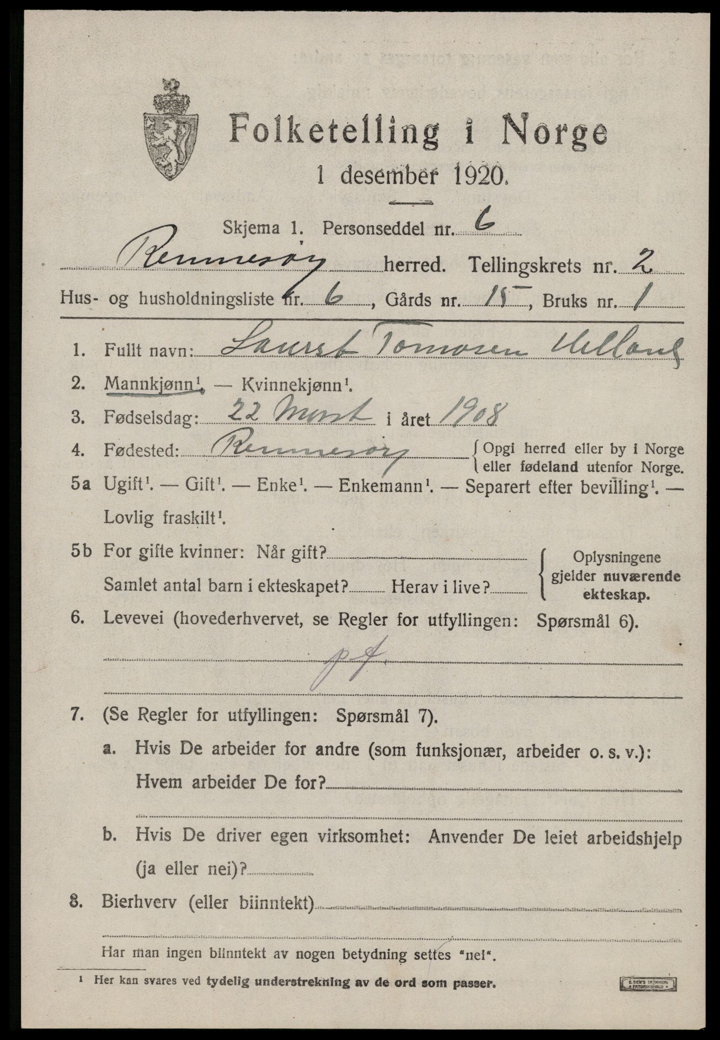 SAST, 1920 census for Rennesøy, 1920, p. 1120