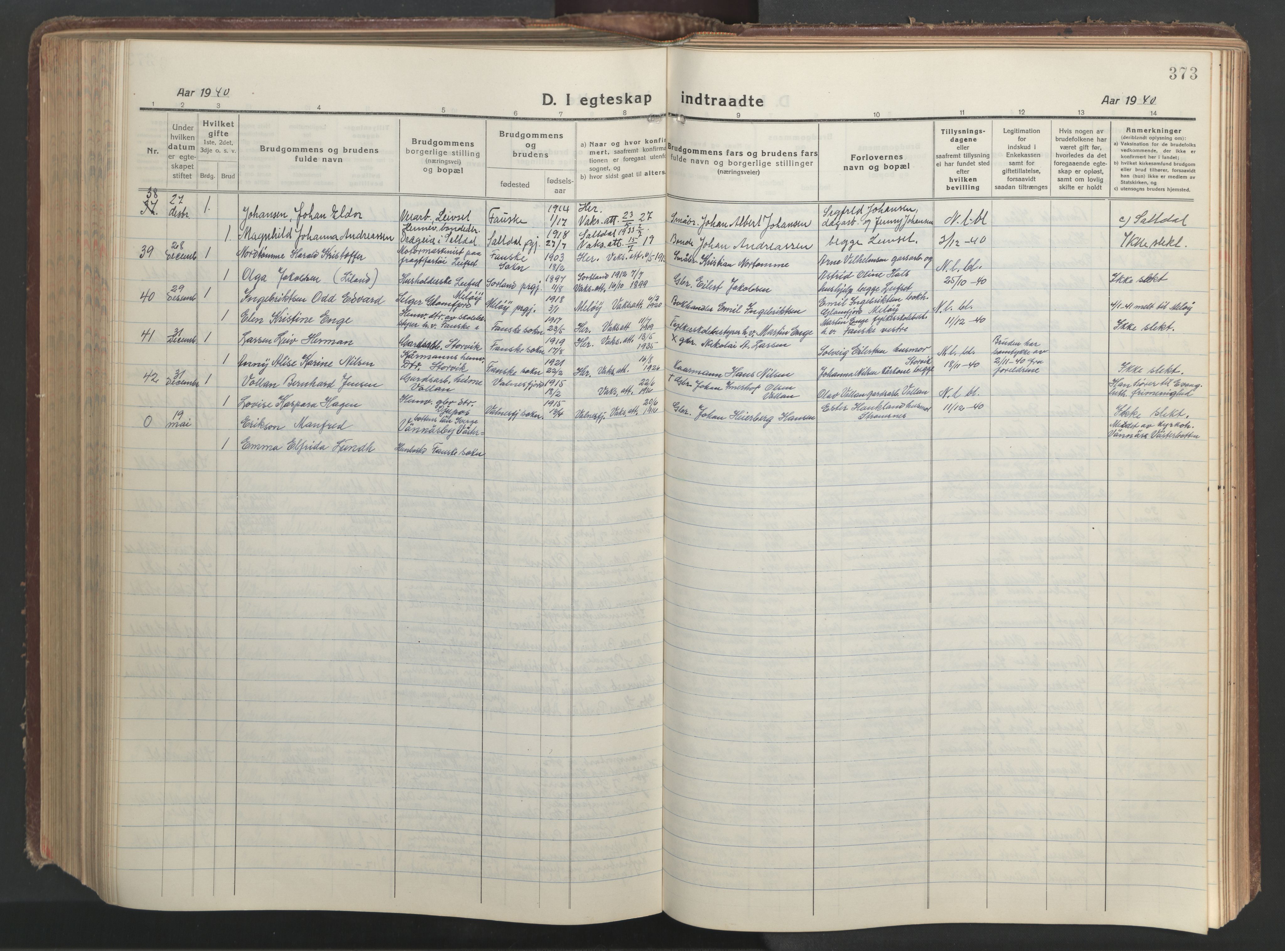 Ministerialprotokoller, klokkerbøker og fødselsregistre - Nordland, AV/SAT-A-1459/849/L0700: Parish register (copy) no. 849C01, 1919-1946, p. 373