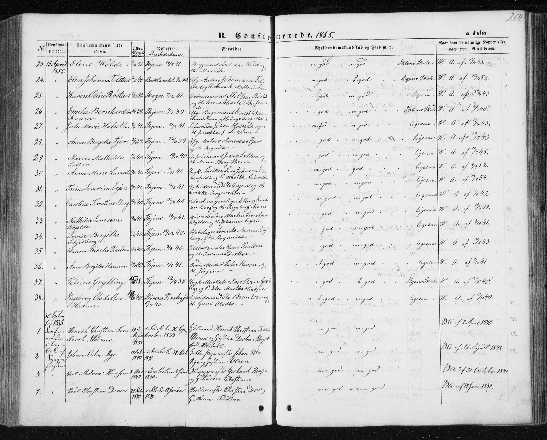 Ministerialprotokoller, klokkerbøker og fødselsregistre - Sør-Trøndelag, AV/SAT-A-1456/602/L0112: Parish register (official) no. 602A10, 1848-1859, p. 264