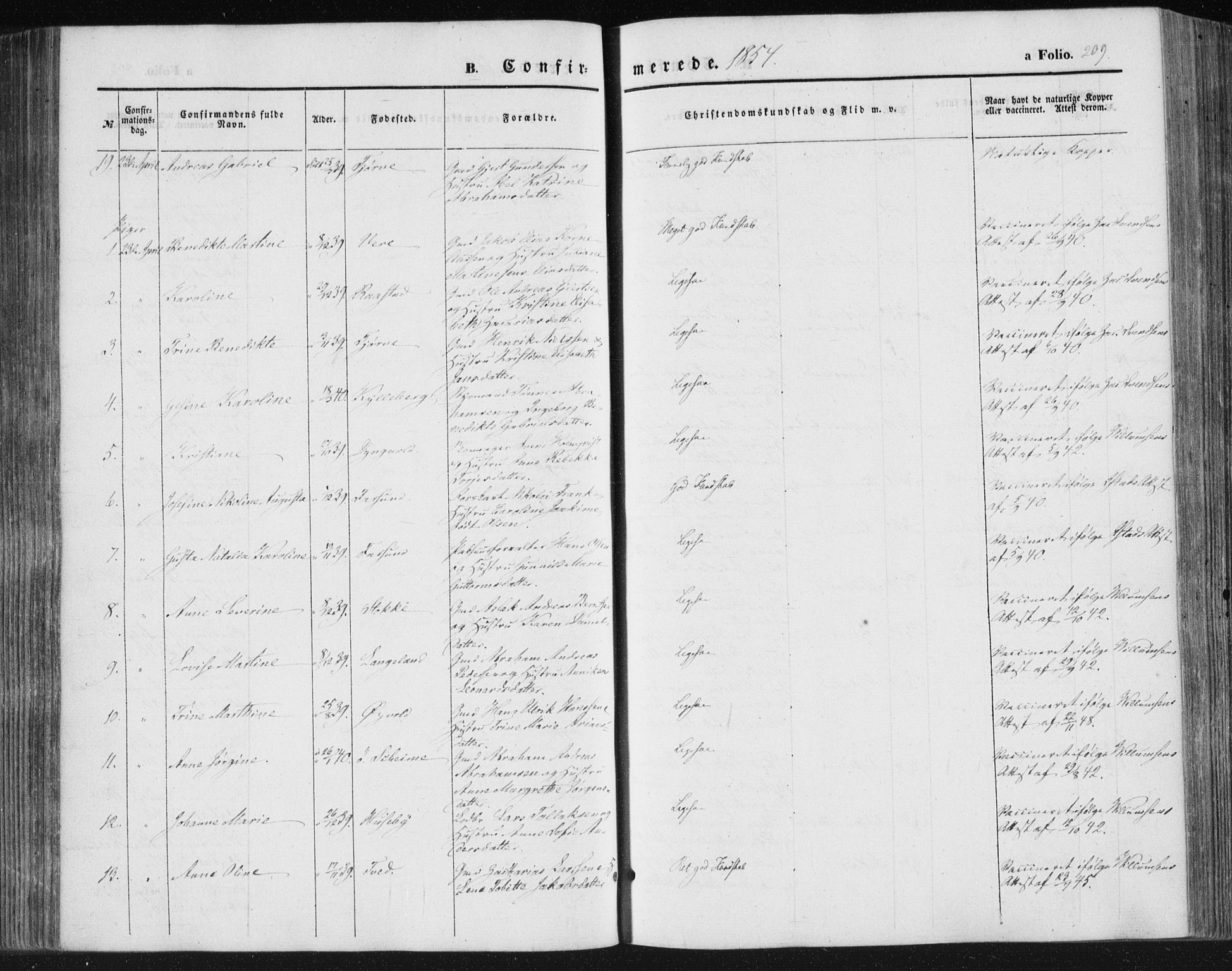 Lista sokneprestkontor, SAK/1111-0027/F/Fa/L0010: Parish register (official) no. A 10, 1846-1861, p. 209