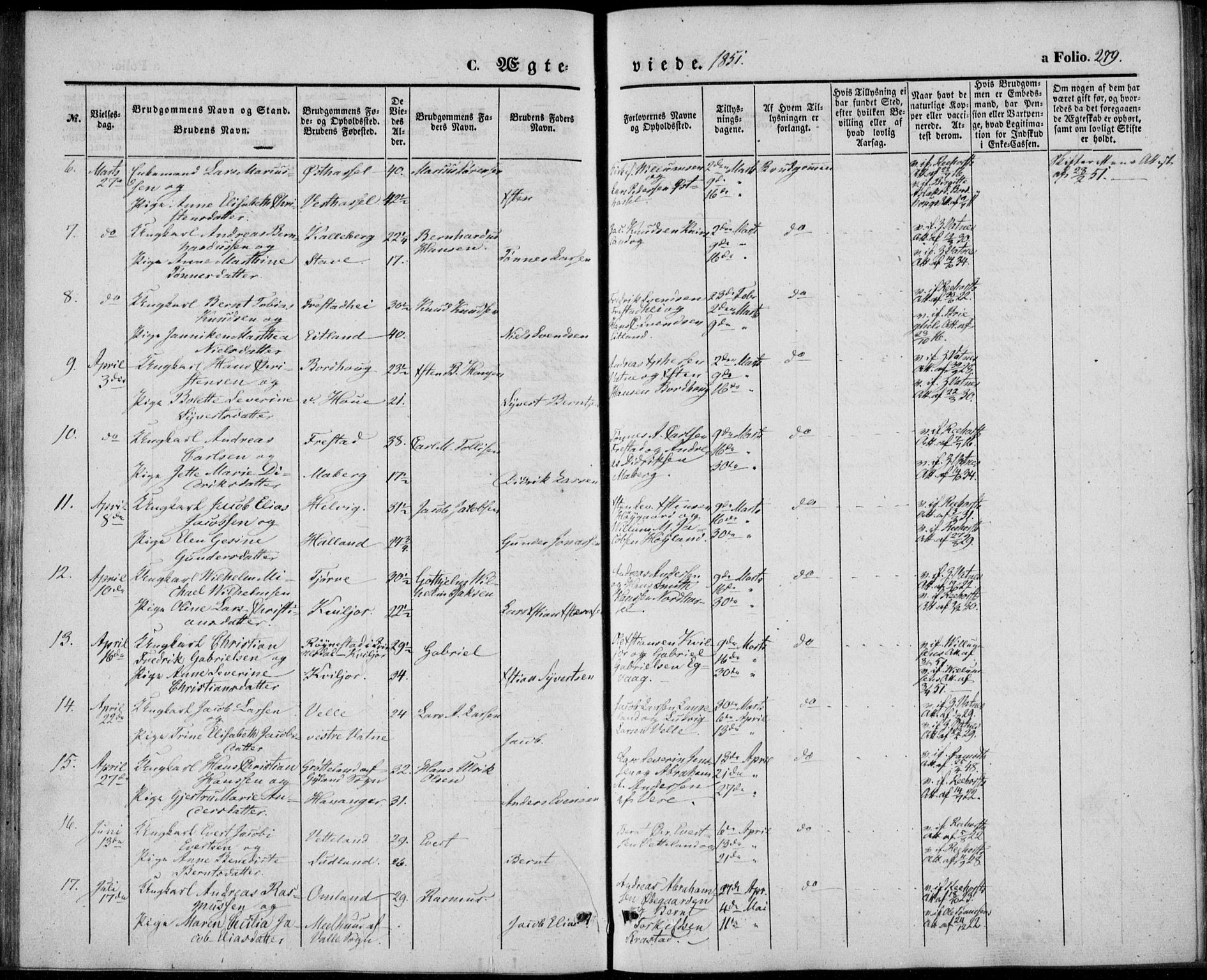 Lista sokneprestkontor, AV/SAK-1111-0027/F/Fb/L0002: Parish register (copy) no. B 2, 1847-1862, p. 279