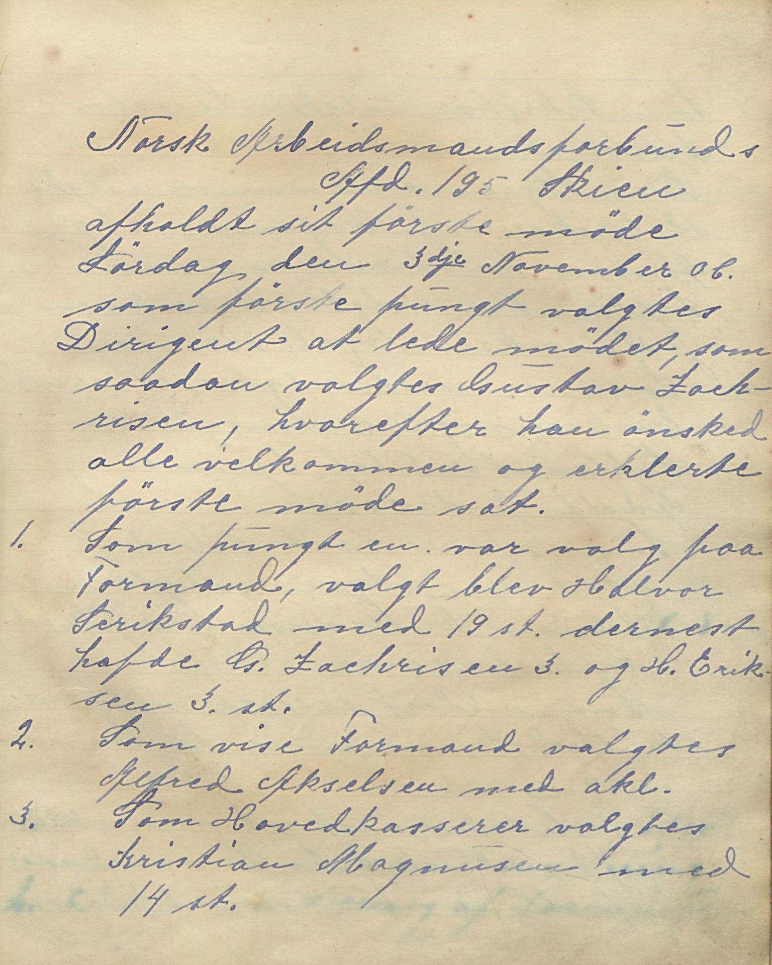 Avdeling 14 av Norsk papirindustriarbeiderforbund, Skien papirfabrikk, AAT/AAT-806075/A/L0001: Møtebok for Norsk Arbeidsmandsforbunds avdeling 195 Skien, 1906-1913