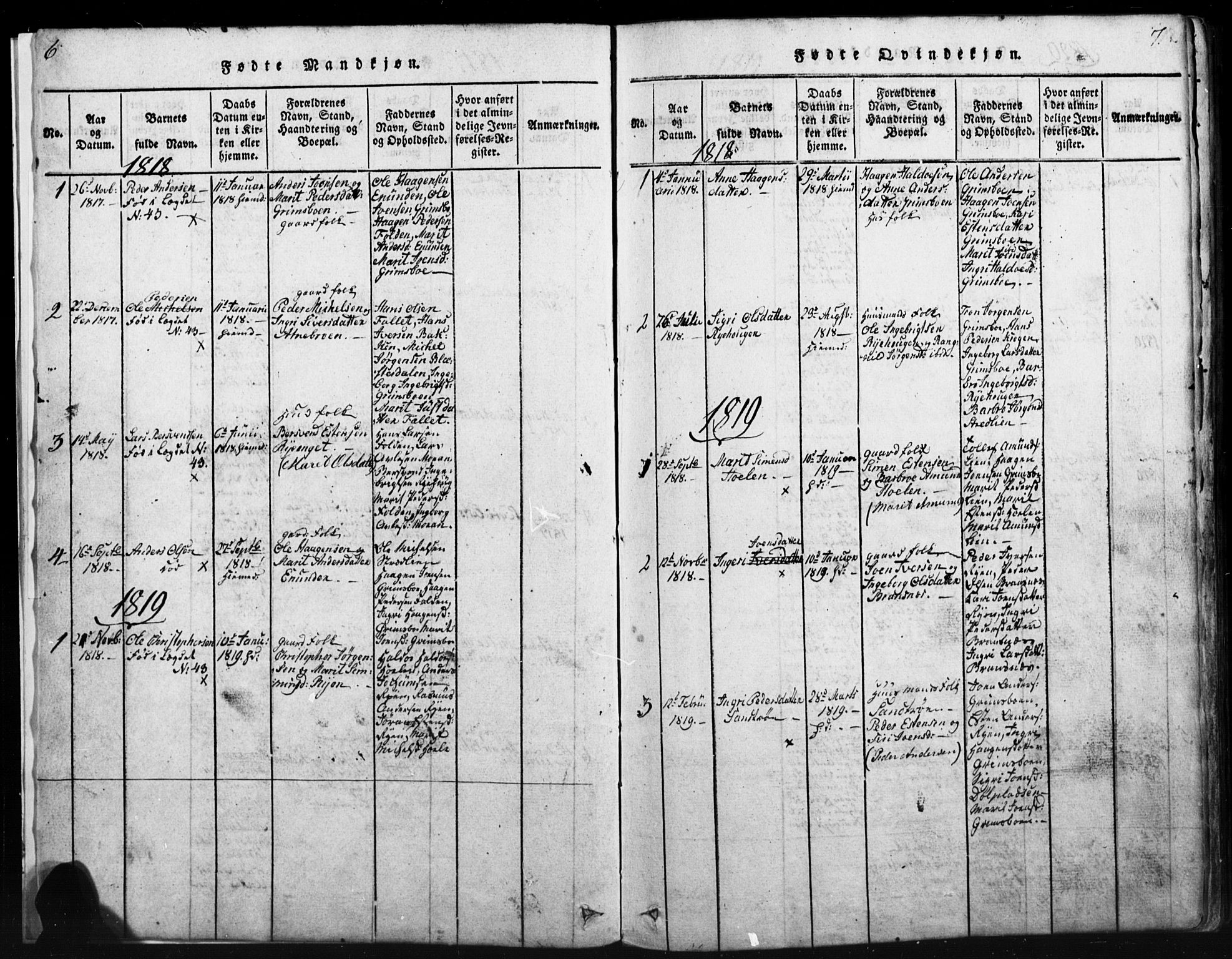 Tynset prestekontor, SAH/PREST-058/H/Ha/Hab/L0003: Parish register (copy) no. 3, 1814-1862, p. 6-7
