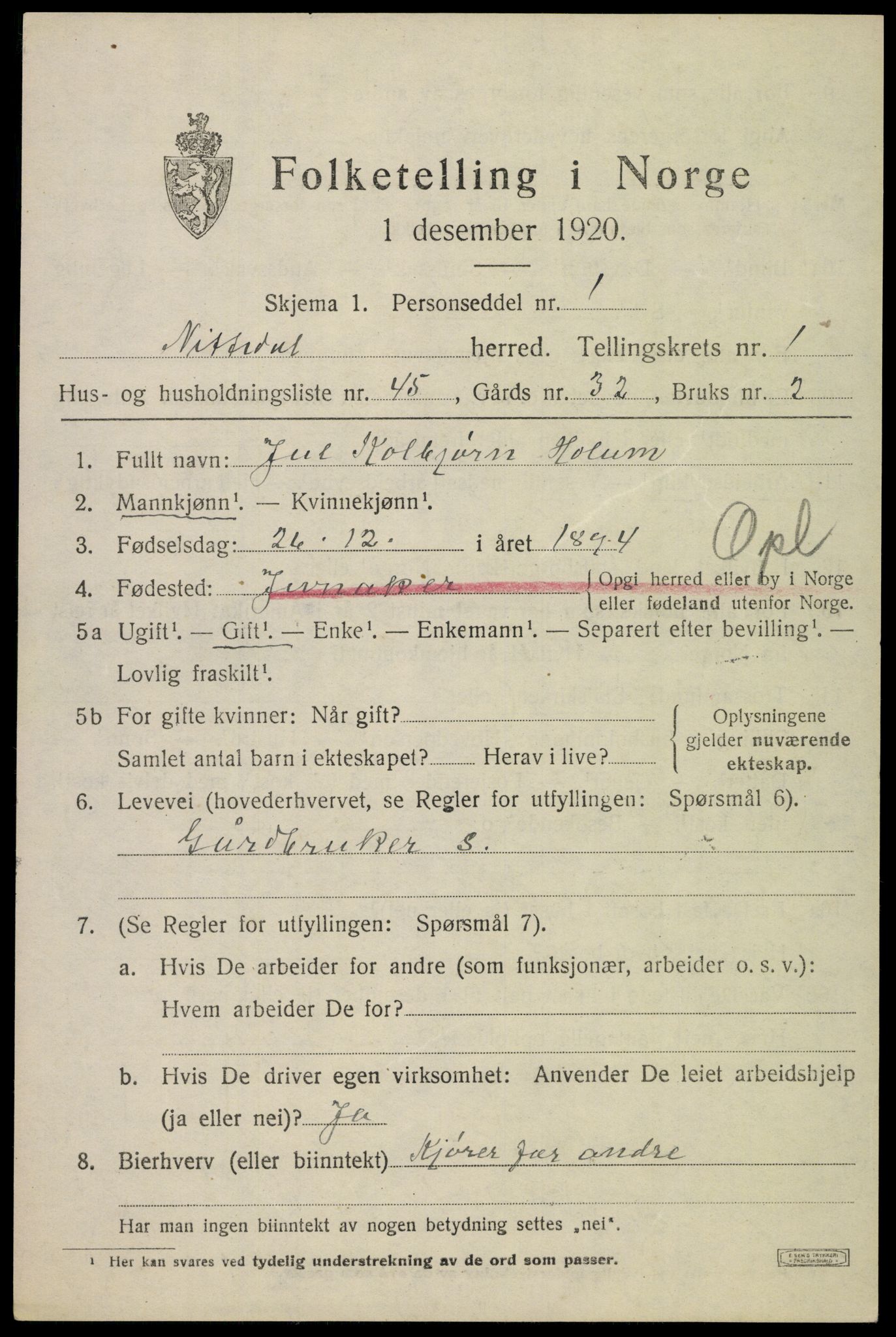 SAO, 1920 census for Nittedal, 1920, p. 1718