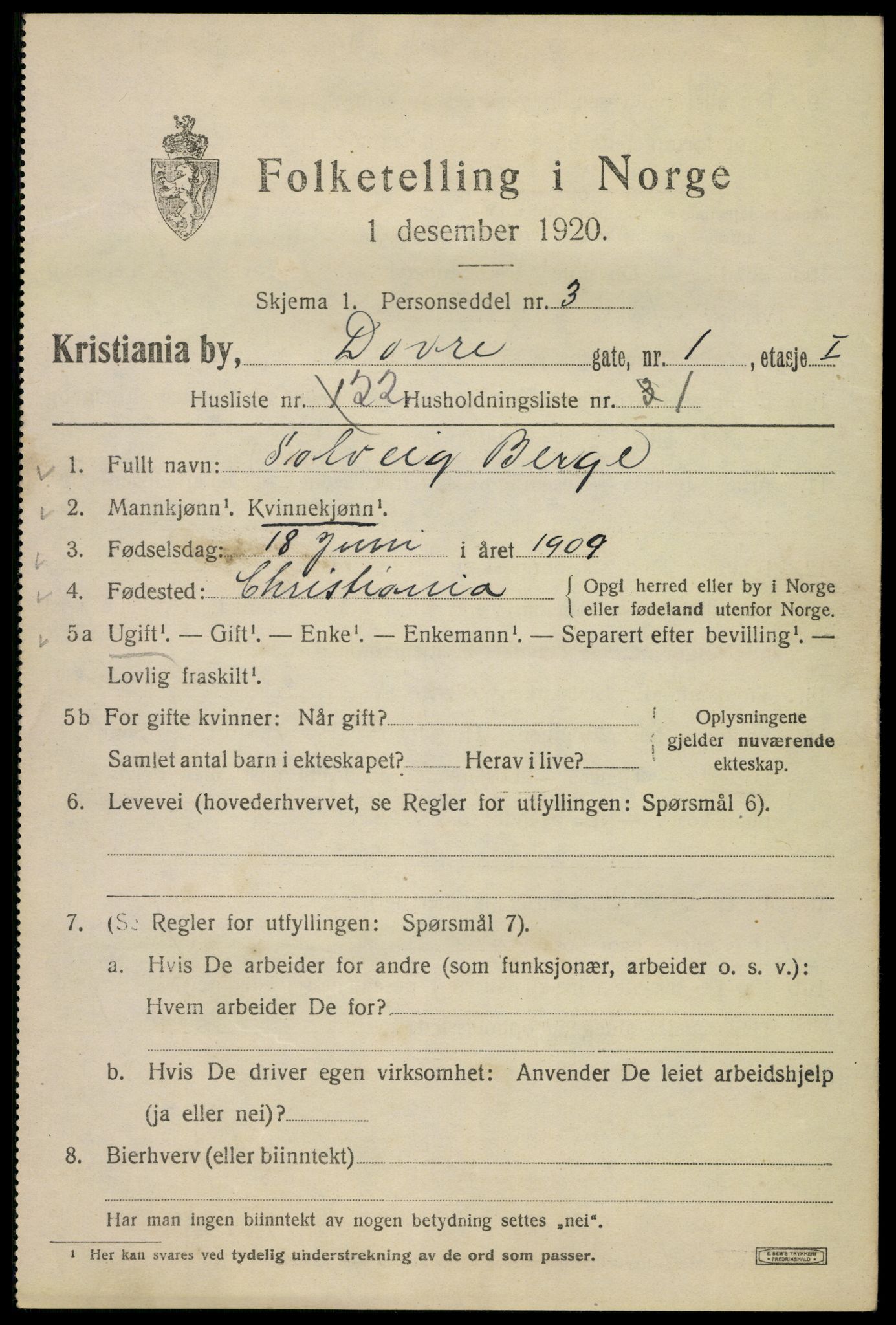 SAO, 1920 census for Kristiania, 1920, p. 199913