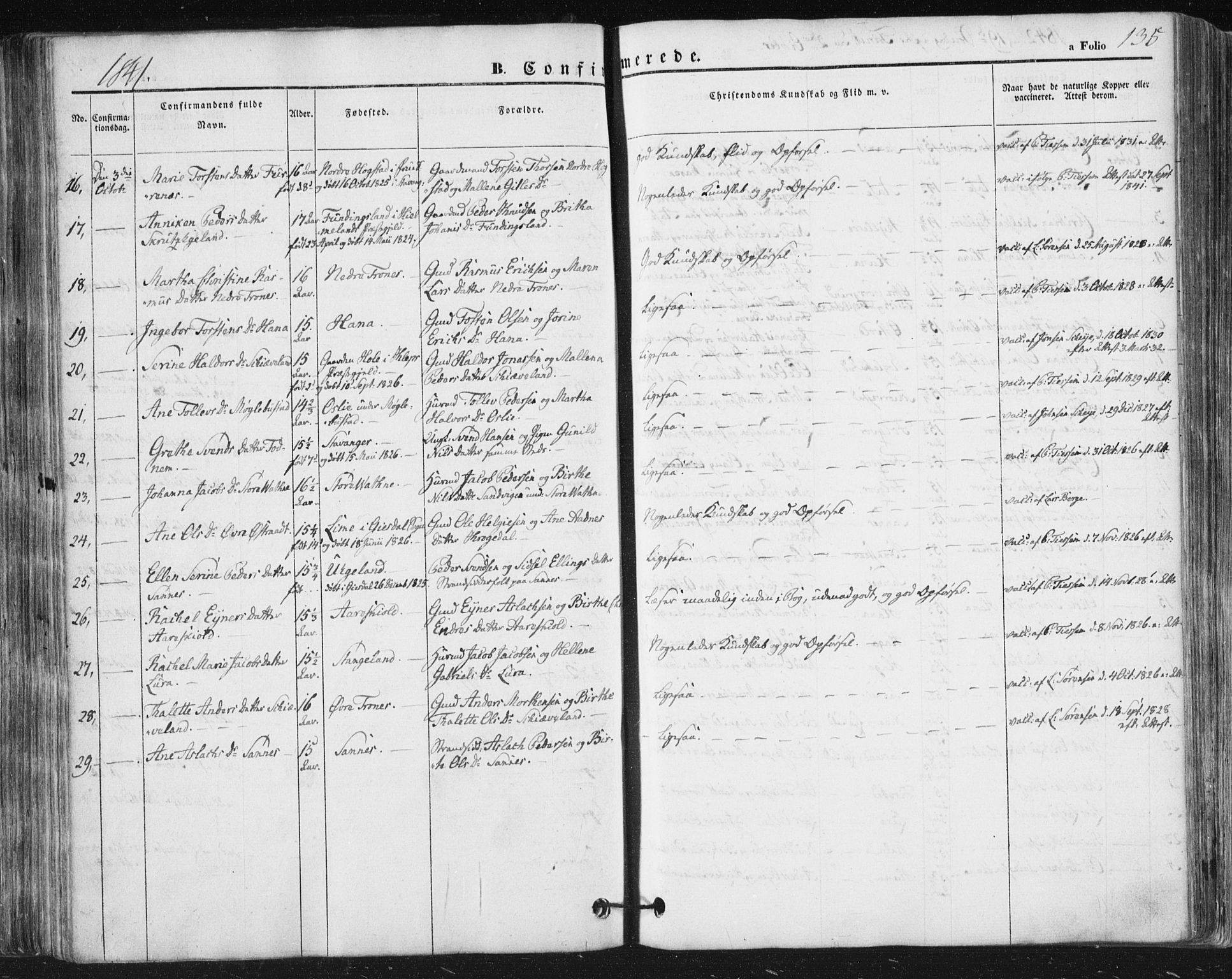 Høyland sokneprestkontor, AV/SAST-A-101799/001/30BA/L0008: Parish register (official) no. A 8, 1841-1856, p. 135