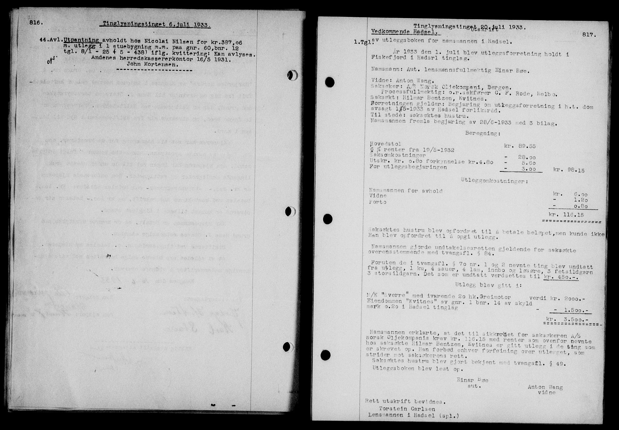 Vesterålen sorenskriveri, SAT/A-4180/1/2/2Ca/L0057: Mortgage book no. 50, 1933-1933, Deed date: 20.07.1933